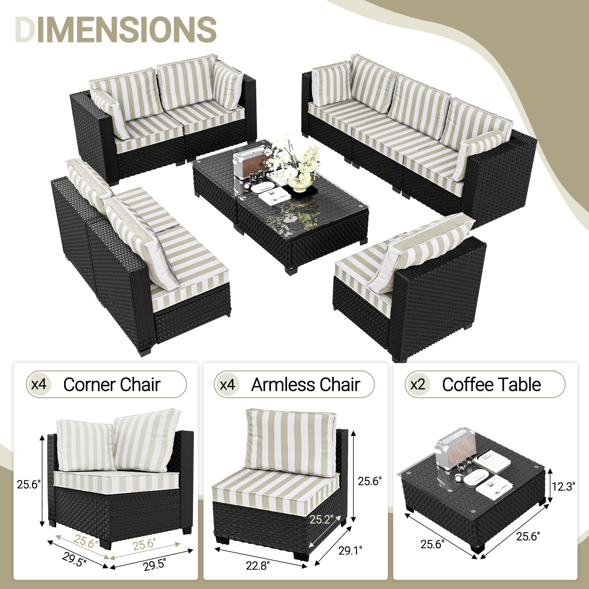 Ark Design 10-Piece Rattan Wicker Outdoor Patio Conversation SofaSeating Set with Coffee Table, Stripe Brown Cushions with Sofa Protection Cover Option