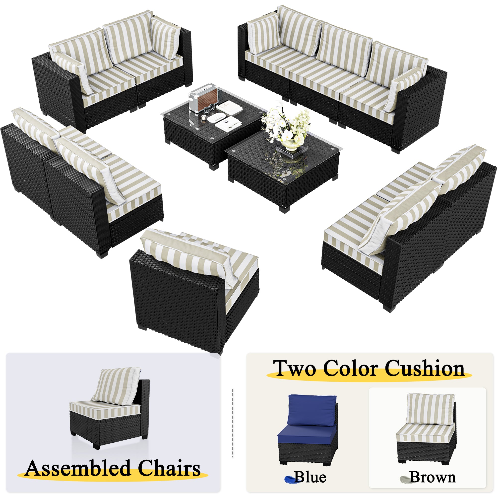 Ark Design 12-Piece Rattan Wicker Outdoor Patio Conversation SofaSeating Set with Coffee Table, Stripe Brown Cushions with Sofa Protection Cover Option