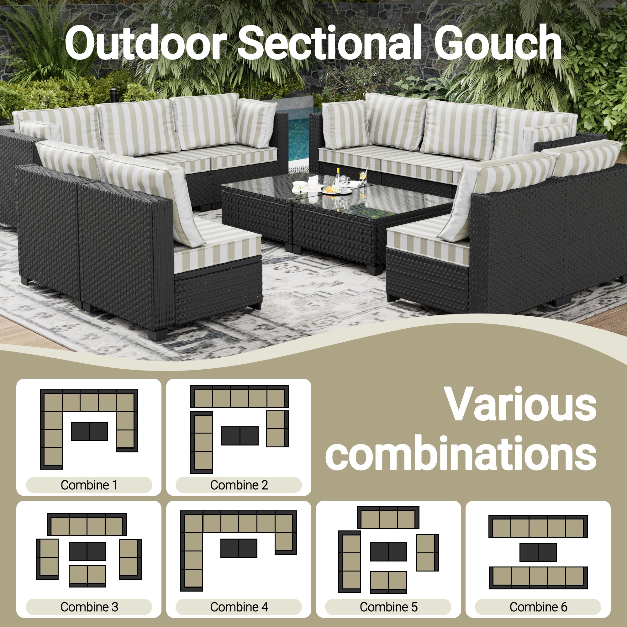 Ark Design 12-Piece Rattan Wicker Outdoor Patio Conversation SofaSeating Set with Coffee Table, Stripe Brown Cushions with Sofa Protection Cover Option