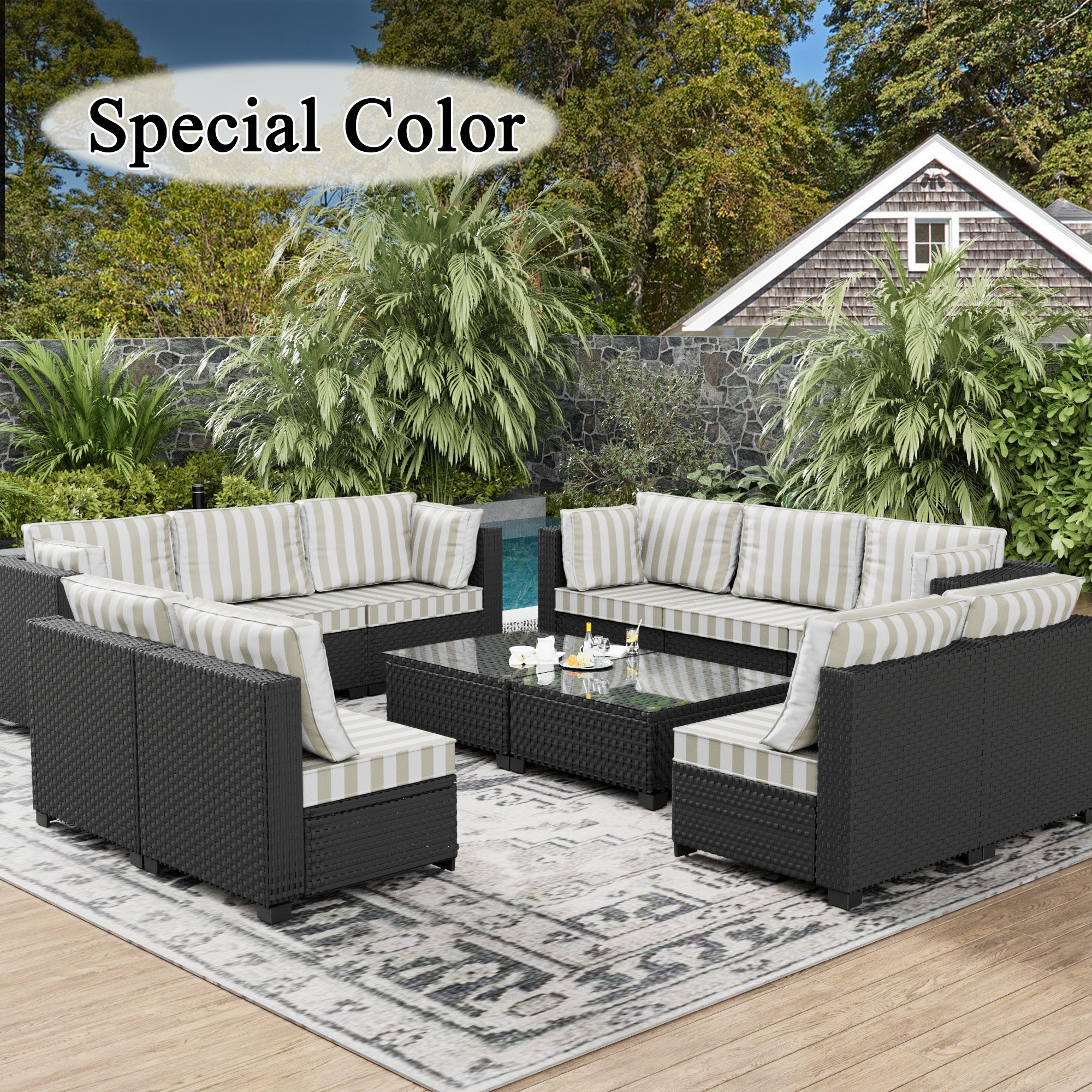 Ark Design 12-Piece Rattan Wicker Outdoor Patio Conversation SofaSeating Set with Coffee Table, Stripe Brown Cushions with Sofa Protection Cover Option