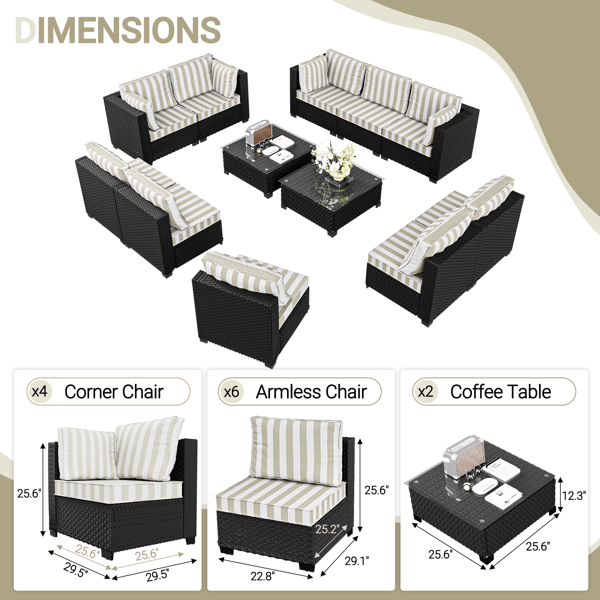 Ark Design 12-Piece Rattan Wicker Outdoor Patio Conversation SofaSeating Set with Coffee Table, Stripe Brown Cushions with Sofa Protection Cover Option
