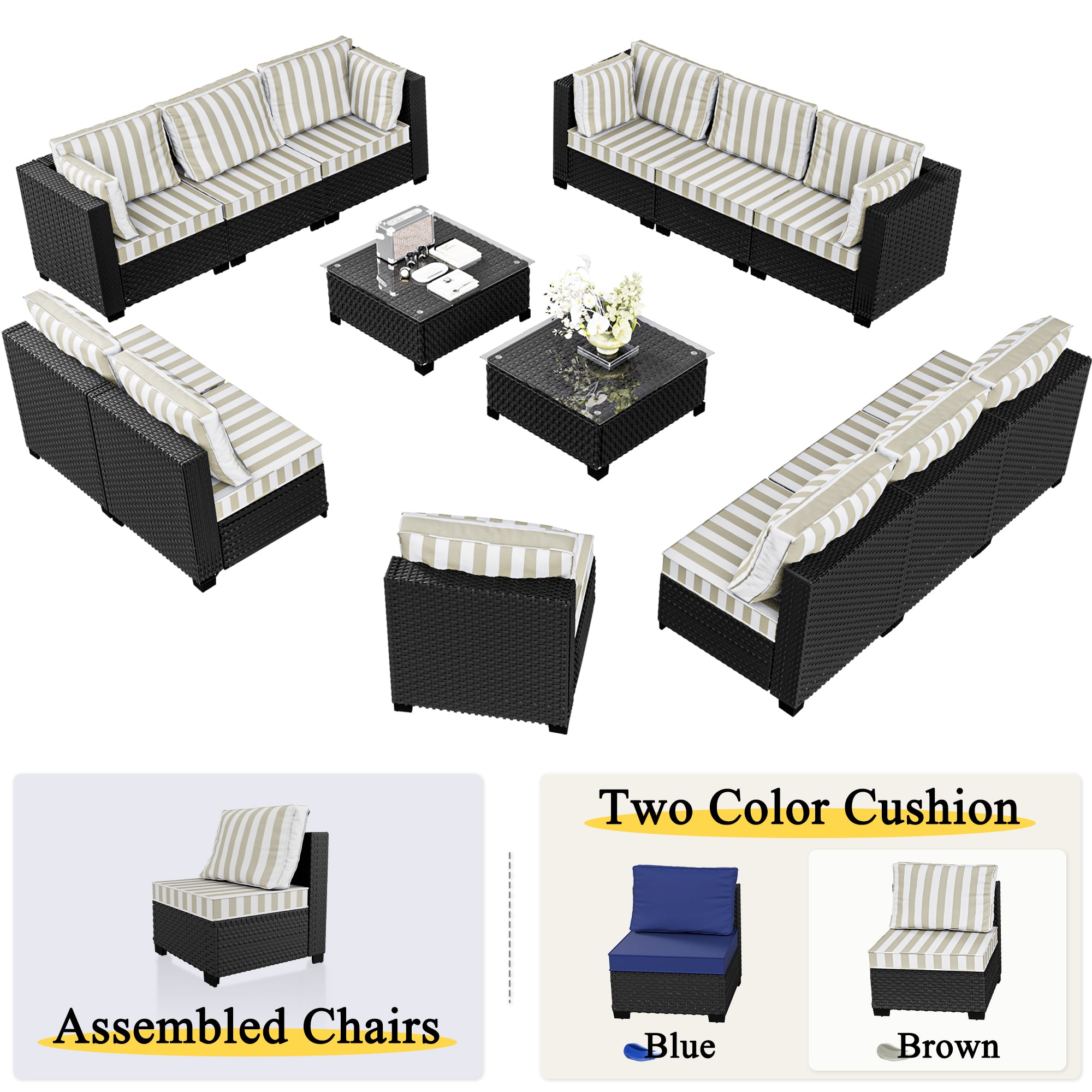 Ark Design 14-Piece Rattan Wicker Outdoor Patio Conversation SofaSeating Set with Coffee Table, Stripe Brown Cushions with Sofa Protection Cover Option