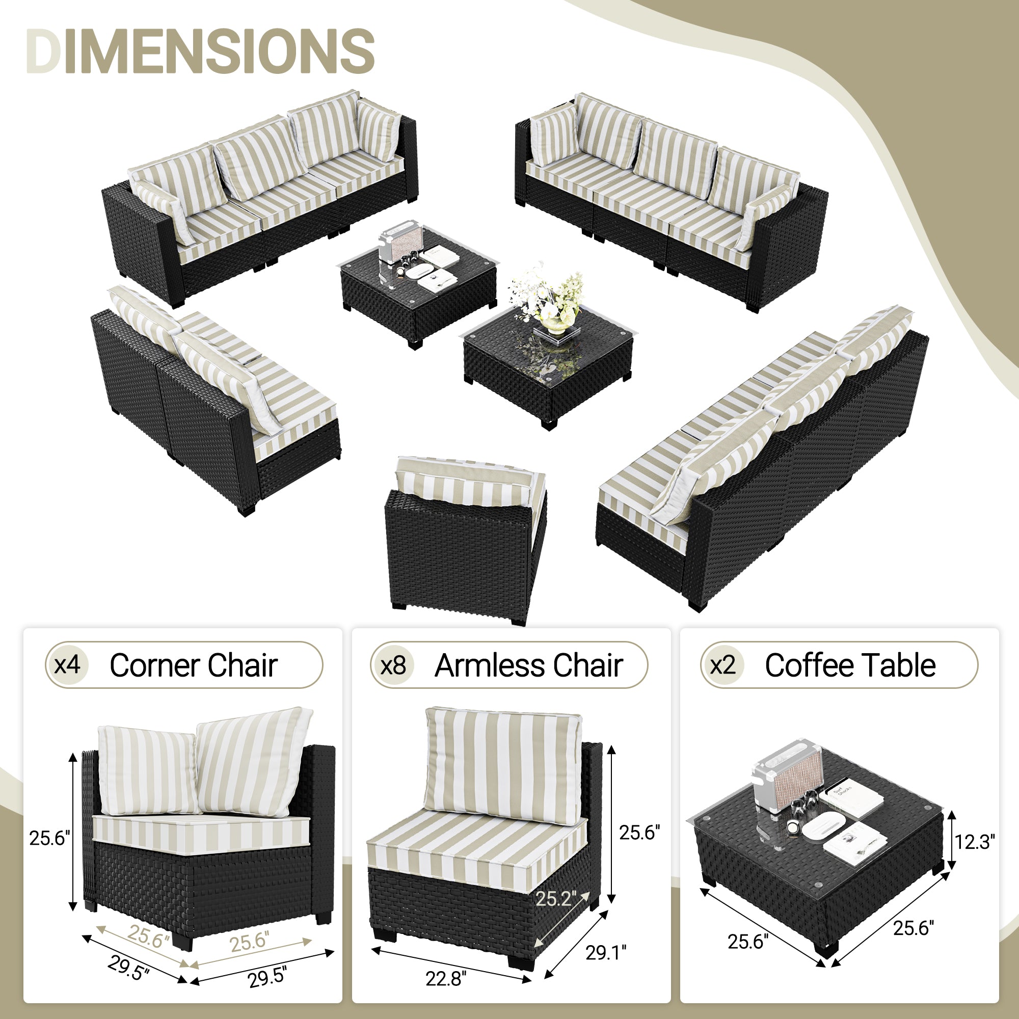 Ark Design 14-Piece Rattan Wicker Outdoor Patio Conversation SofaSeating Set with Coffee Table, Stripe Brown Cushions with Sofa Protection Cover Option