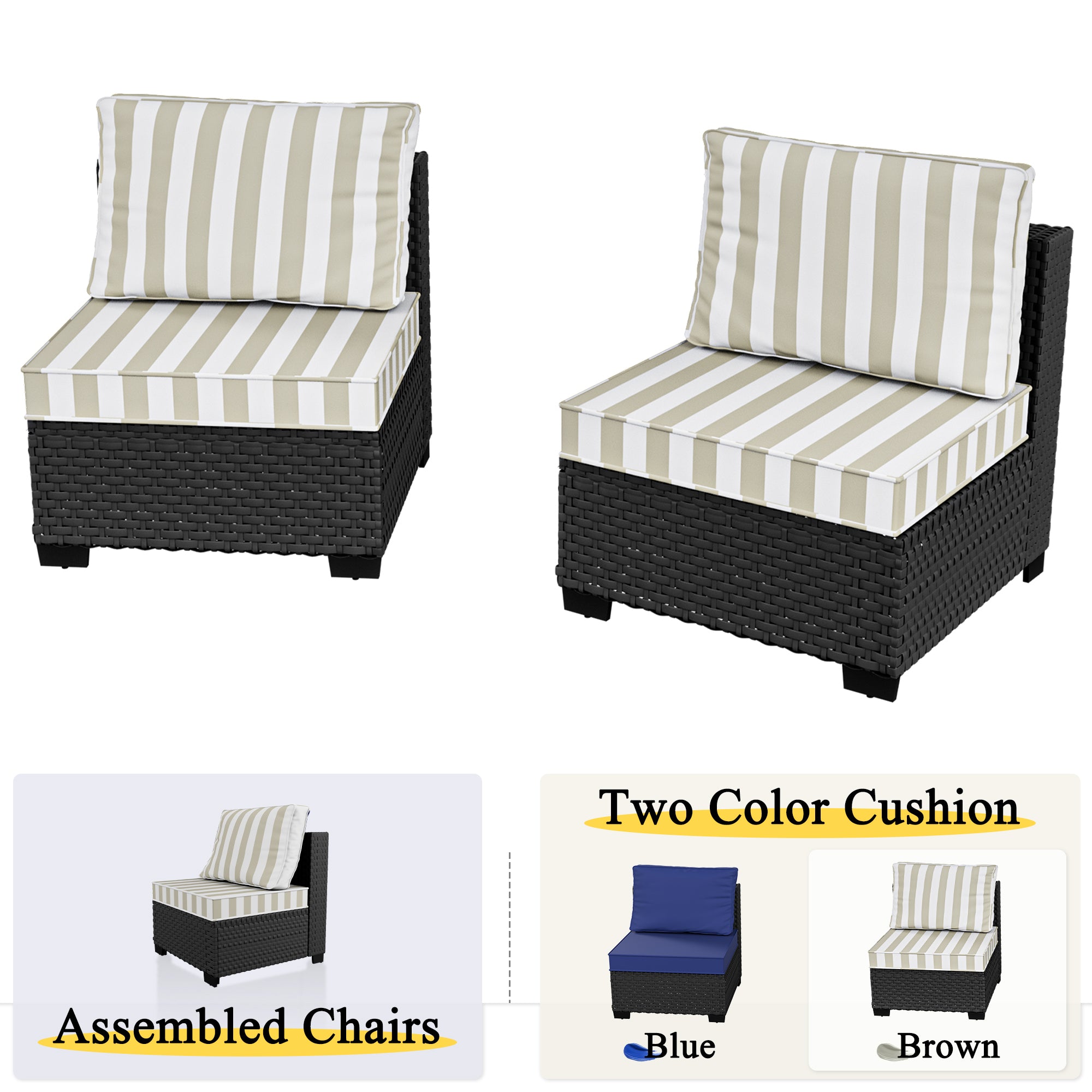 Ark Design 2-Piece Rattan Wicker Outdoor Patio Conversation SofaSeating Set, Stripe Brown Cushions with Sofa Protection Cover Option