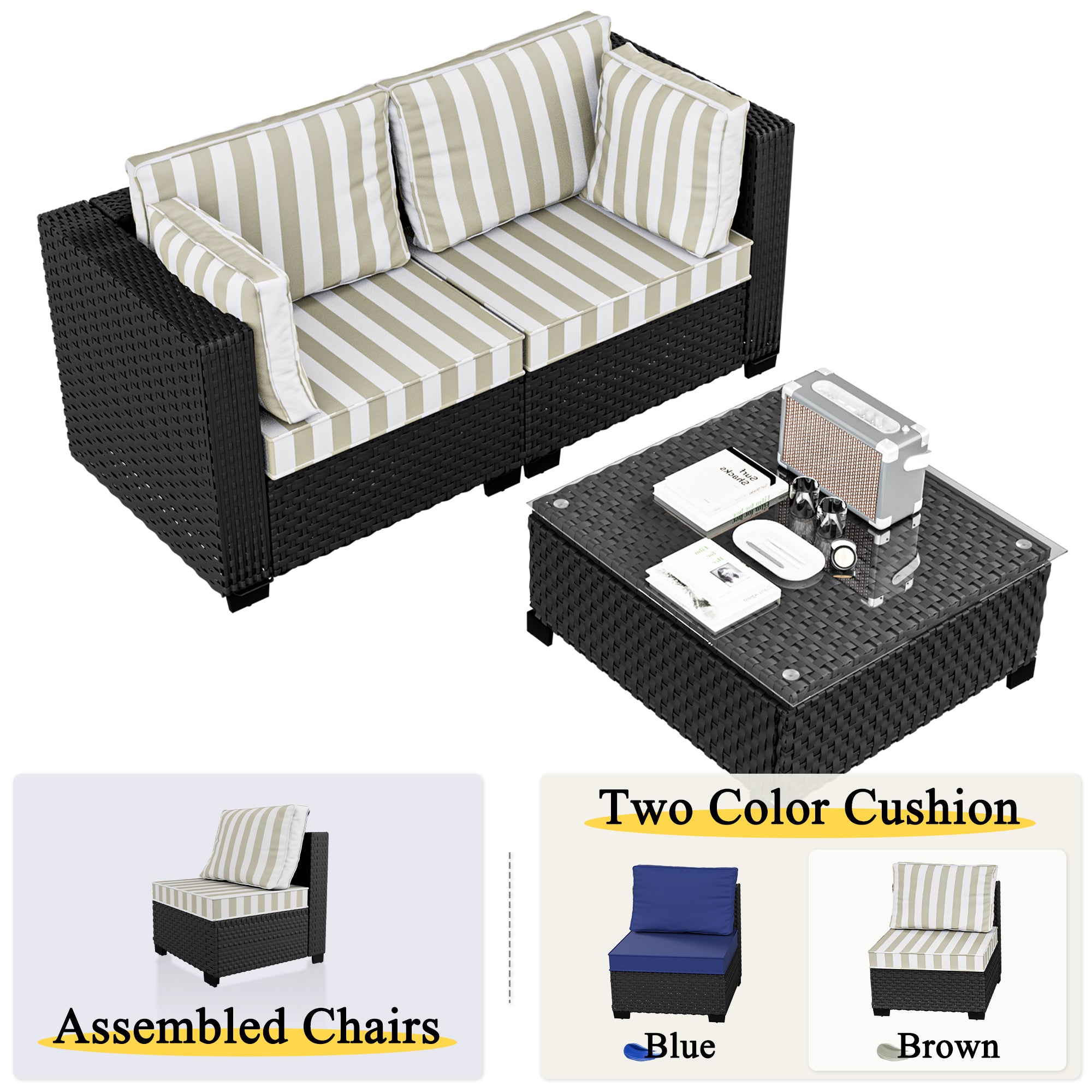Ark Design 3-Piece Rattan Wicker Outdoor Patio Conversation SofaSeating Set with Coffee Table, Stripe Brown Cushions with Sofa Protection Cover Option