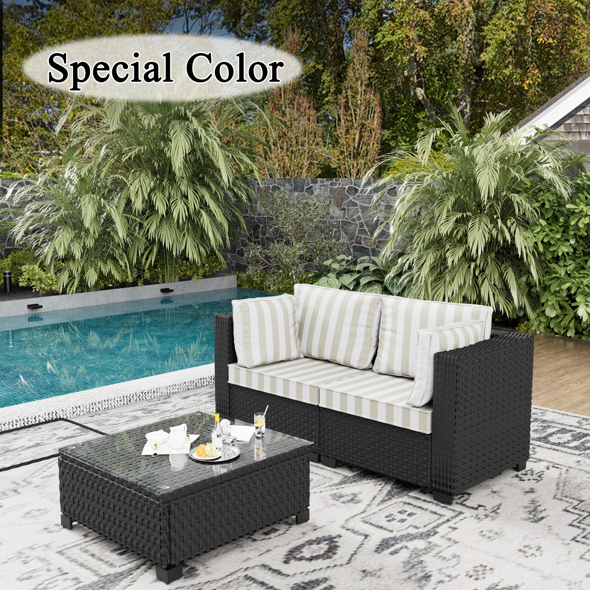 Ark Design 3-Piece Rattan Wicker Outdoor Patio Conversation SofaSeating Set with Coffee Table, Stripe Brown Cushions with Sofa Protection Cover Option