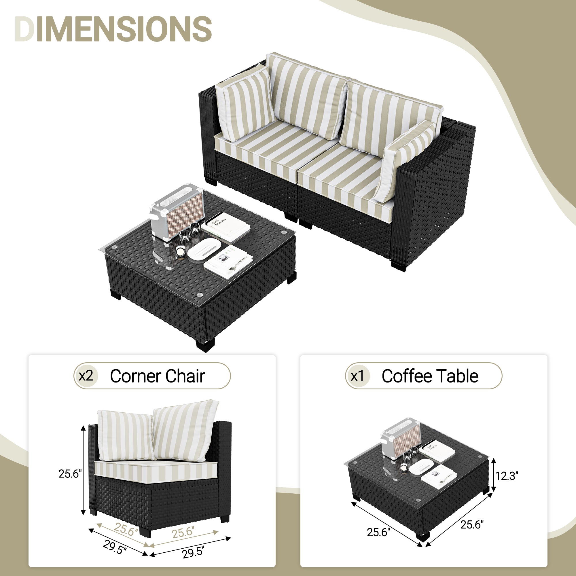Ark Design 3-Piece Rattan Wicker Outdoor Patio Conversation SofaSeating Set with Coffee Table, Stripe Brown Cushions with Sofa Protection Cover Option