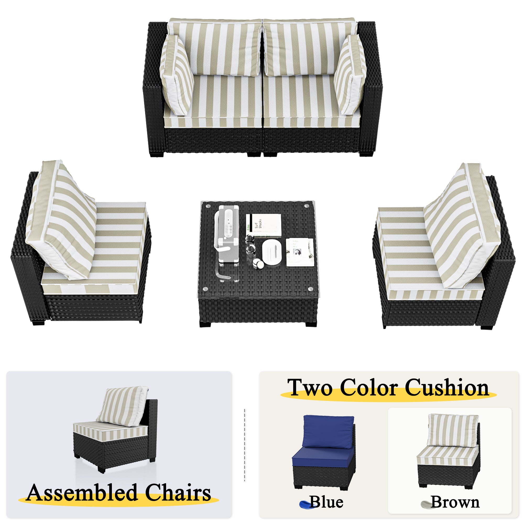 Ark Design 5-Piece Rattan Wicker Outdoor Patio Conversation SofaSeating Set with Coffee Table, Stripe Brown Cushions with Sofa Protection Cover Option