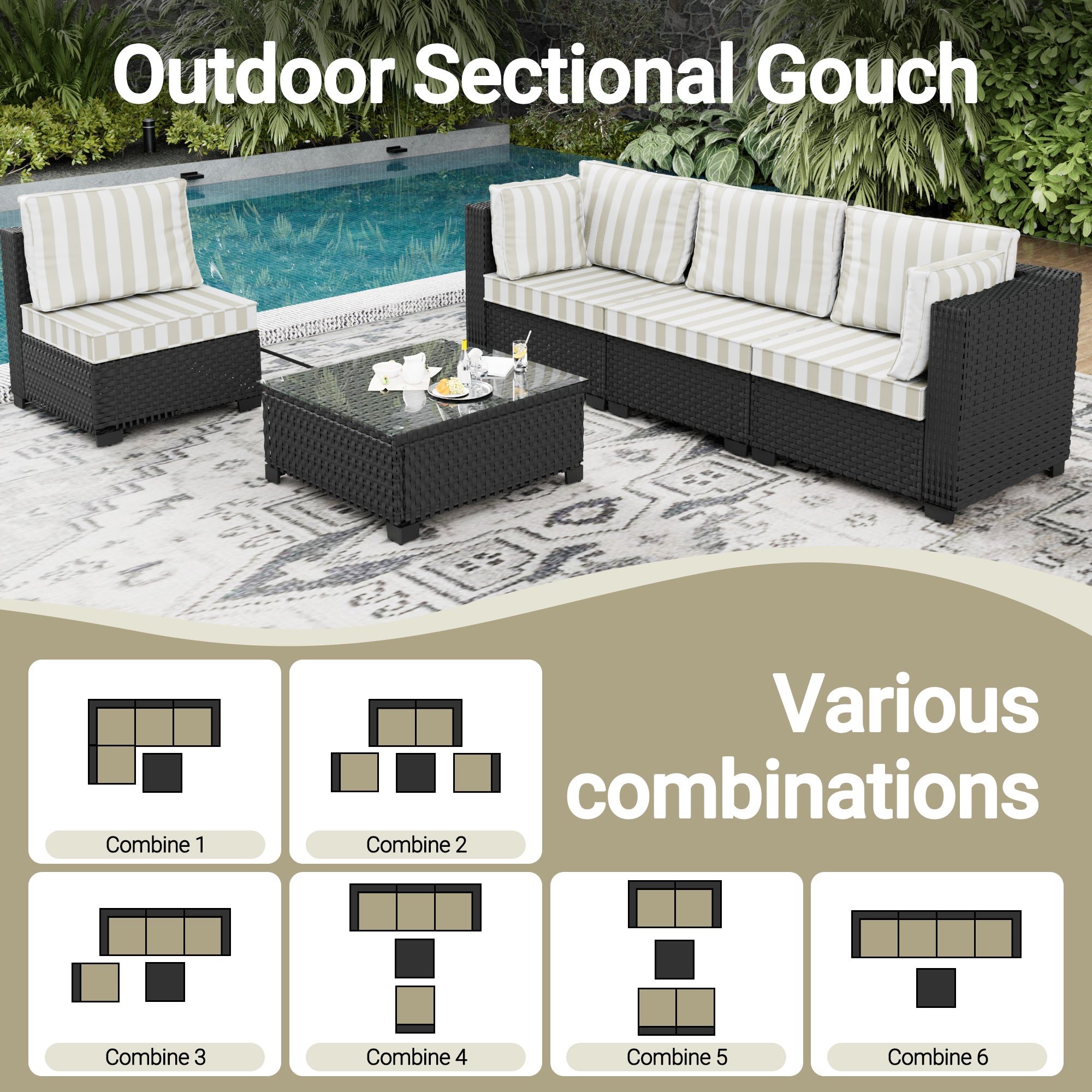 Ark Design 5-Piece Rattan Wicker Outdoor Patio Conversation SofaSeating Set with Coffee Table, Stripe Brown Cushions with Sofa Protection Cover Option
