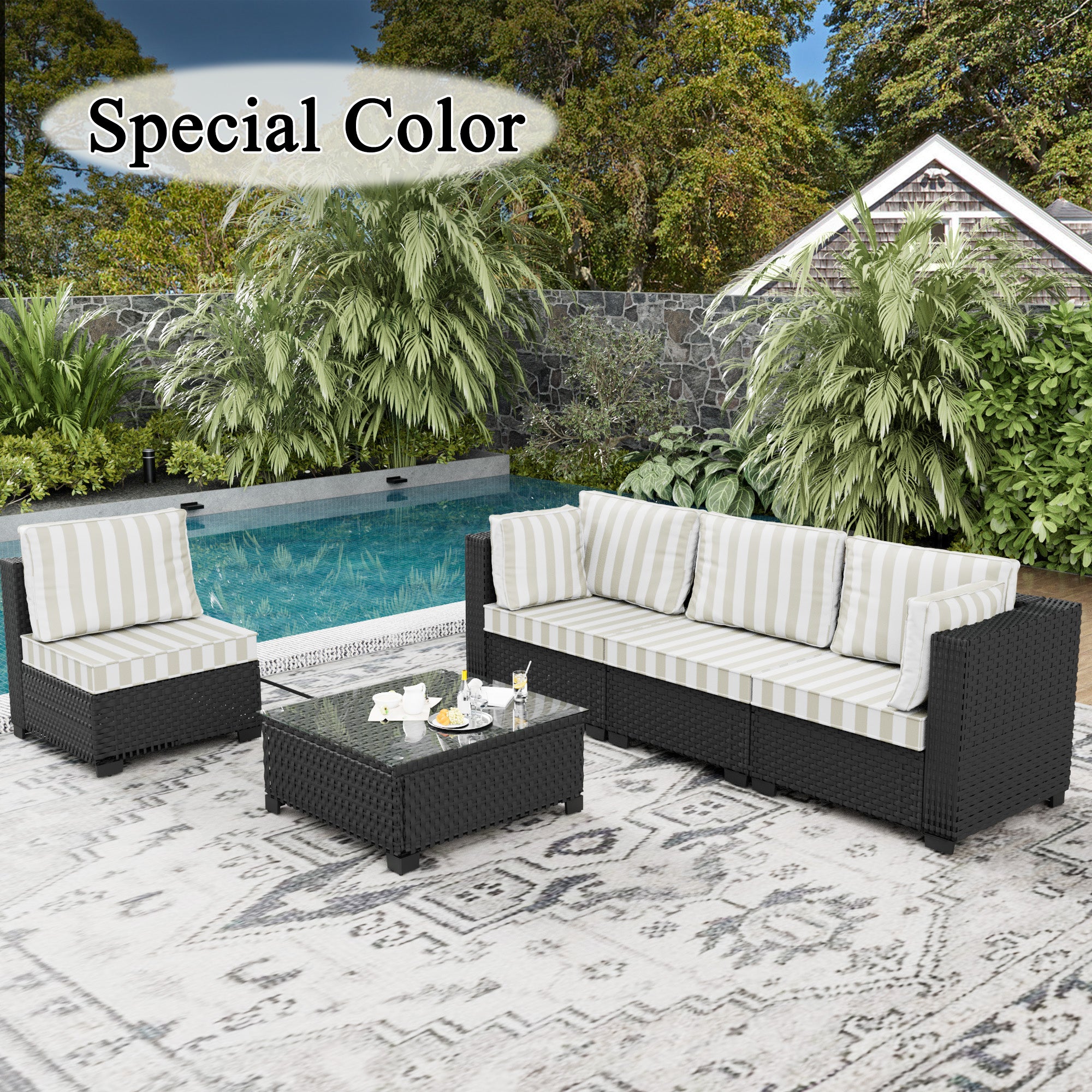 Ark Design 5-Piece Rattan Wicker Outdoor Patio Conversation SofaSeating Set with Coffee Table, Stripe Brown Cushions with Sofa Protection Cover Option