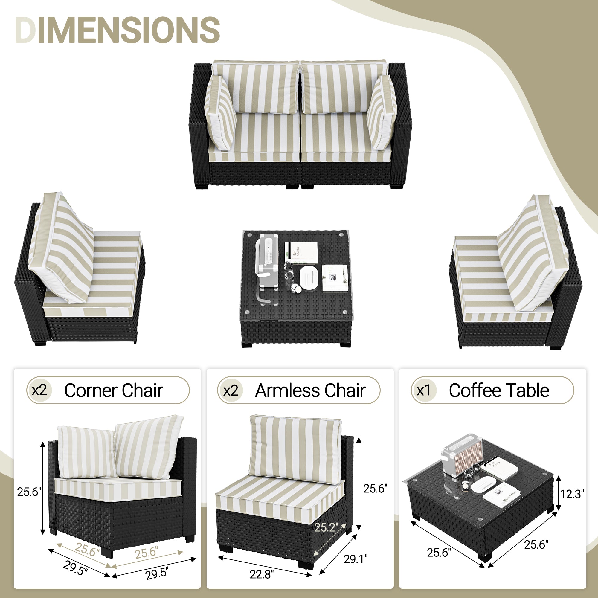 Ark Design 5-Piece Rattan Wicker Outdoor Patio Conversation SofaSeating Set with Coffee Table, Stripe Brown Cushions with Sofa Protection Cover Option