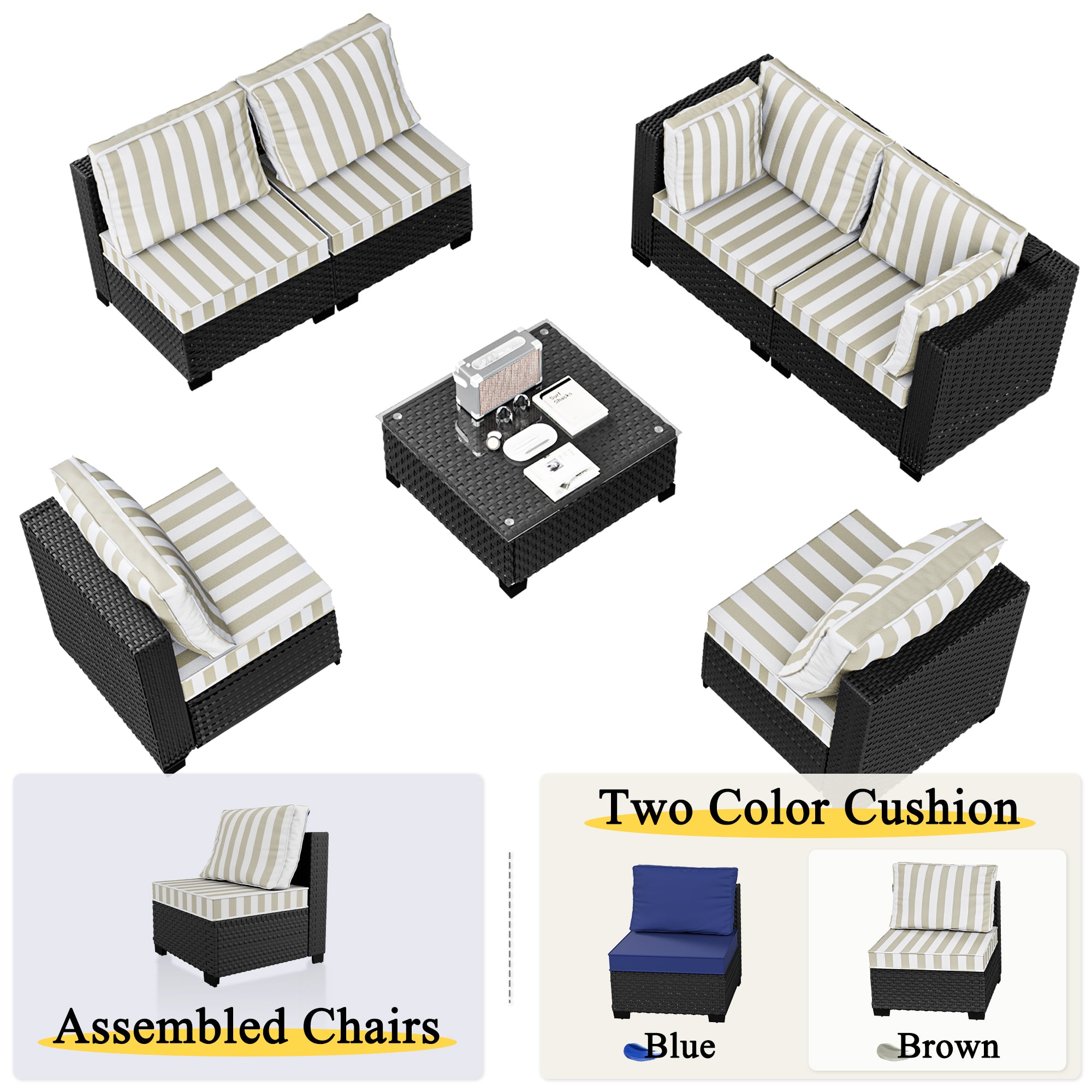 Ark Design 7-Piece Rattan Wicker Outdoor Patio Conversation SofaSeating Set with Coffee Table, Stripe Brown Cushions with Sofa Protection Cover Option