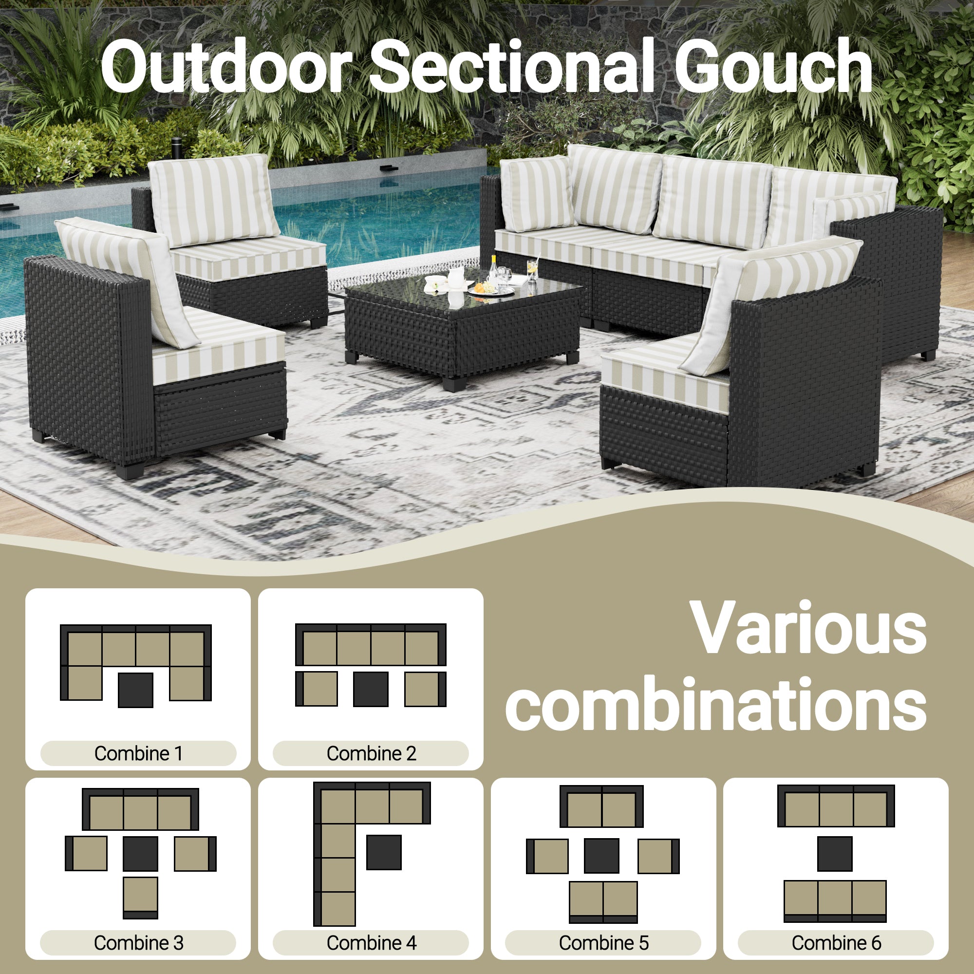 Ark Design 7-Piece Rattan Wicker Outdoor Patio Conversation SofaSeating Set with Coffee Table, Stripe Brown Cushions with Sofa Protection Cover Option