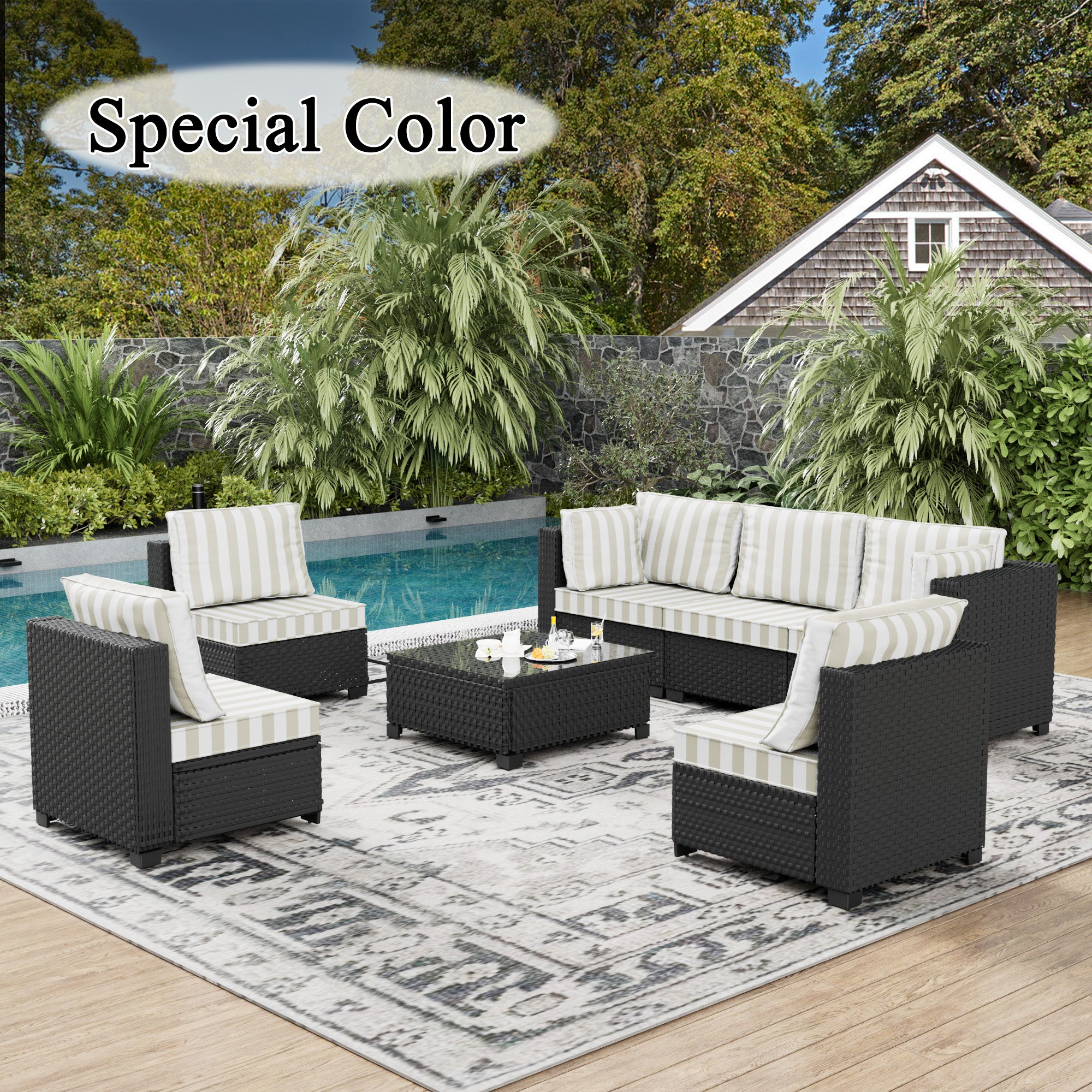 Ark Design 7-Piece Rattan Wicker Outdoor Patio Conversation SofaSeating Set with Coffee Table, Stripe Brown Cushions with Sofa Protection Cover Option