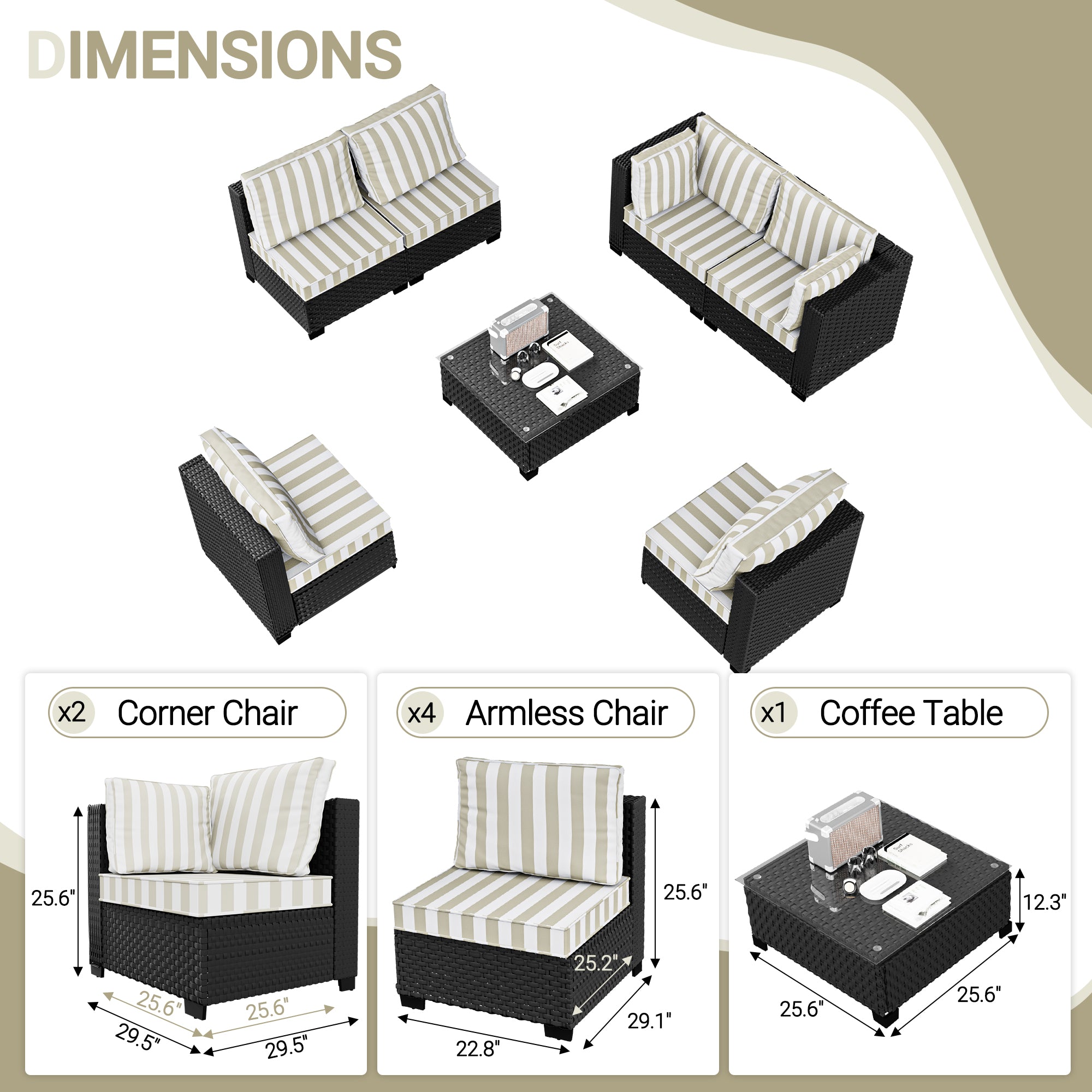 Ark Design 7-Piece Rattan Wicker Outdoor Patio Conversation SofaSeating Set with Coffee Table, Stripe Brown Cushions with Sofa Protection Cover Option