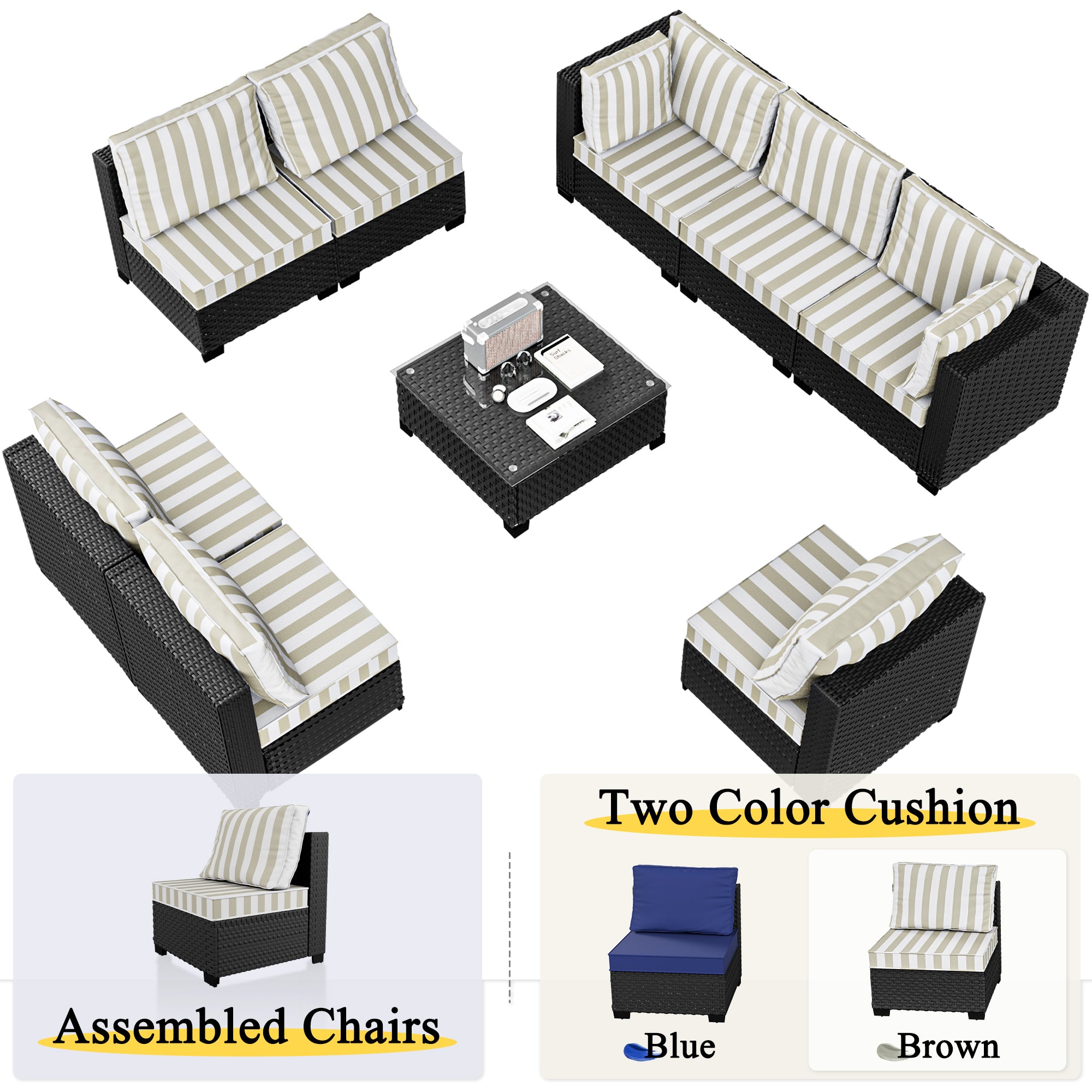 Ark Design 9-Piece Rattan Wicker Outdoor Patio Conversation SofaSeating Set with Coffee Table, Stripe Brown Cushions with Sofa Protection Cover Option