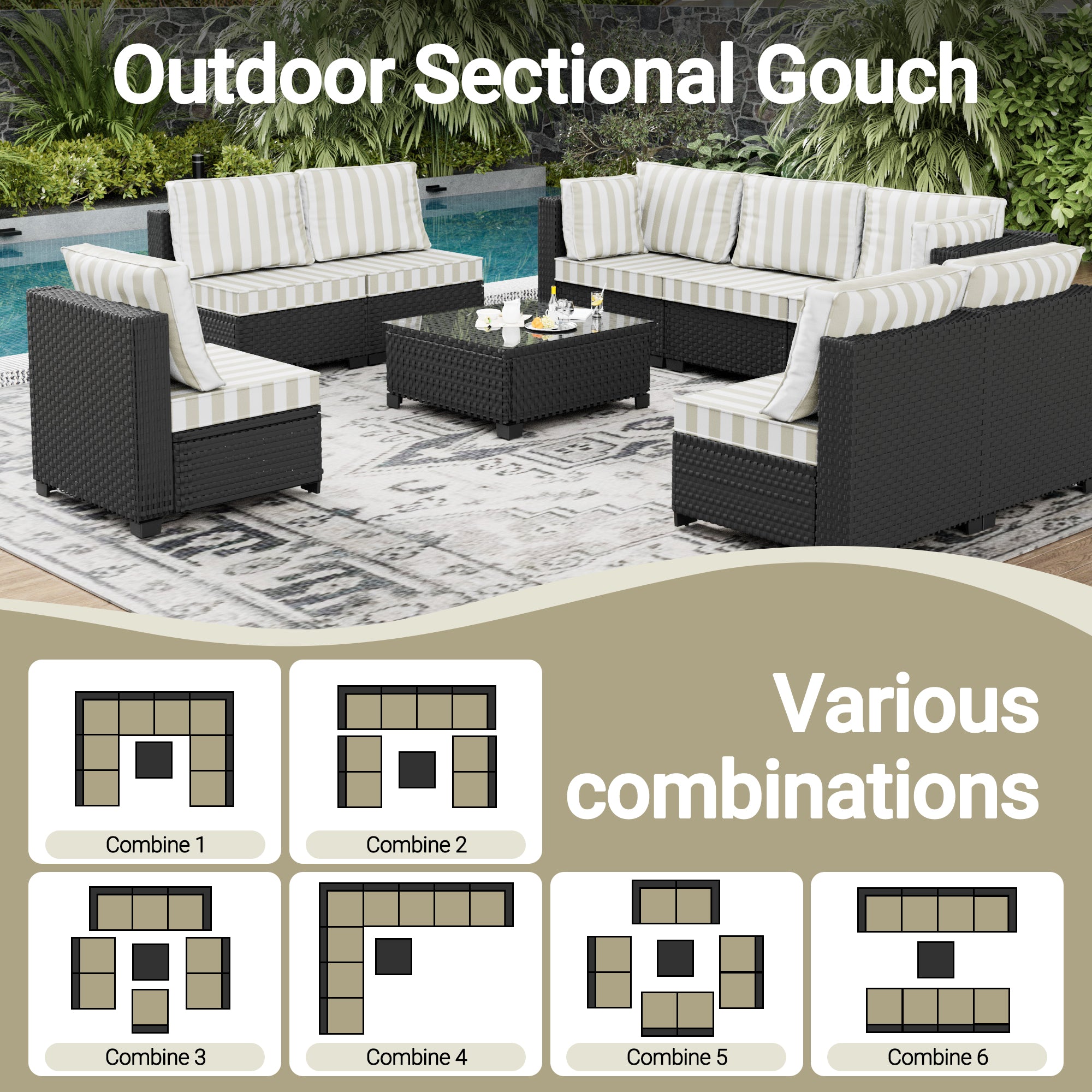 Ark Design 9-Piece Rattan Wicker Outdoor Patio Conversation SofaSeating Set with Coffee Table, Stripe Brown Cushions with Sofa Protection Cover Option