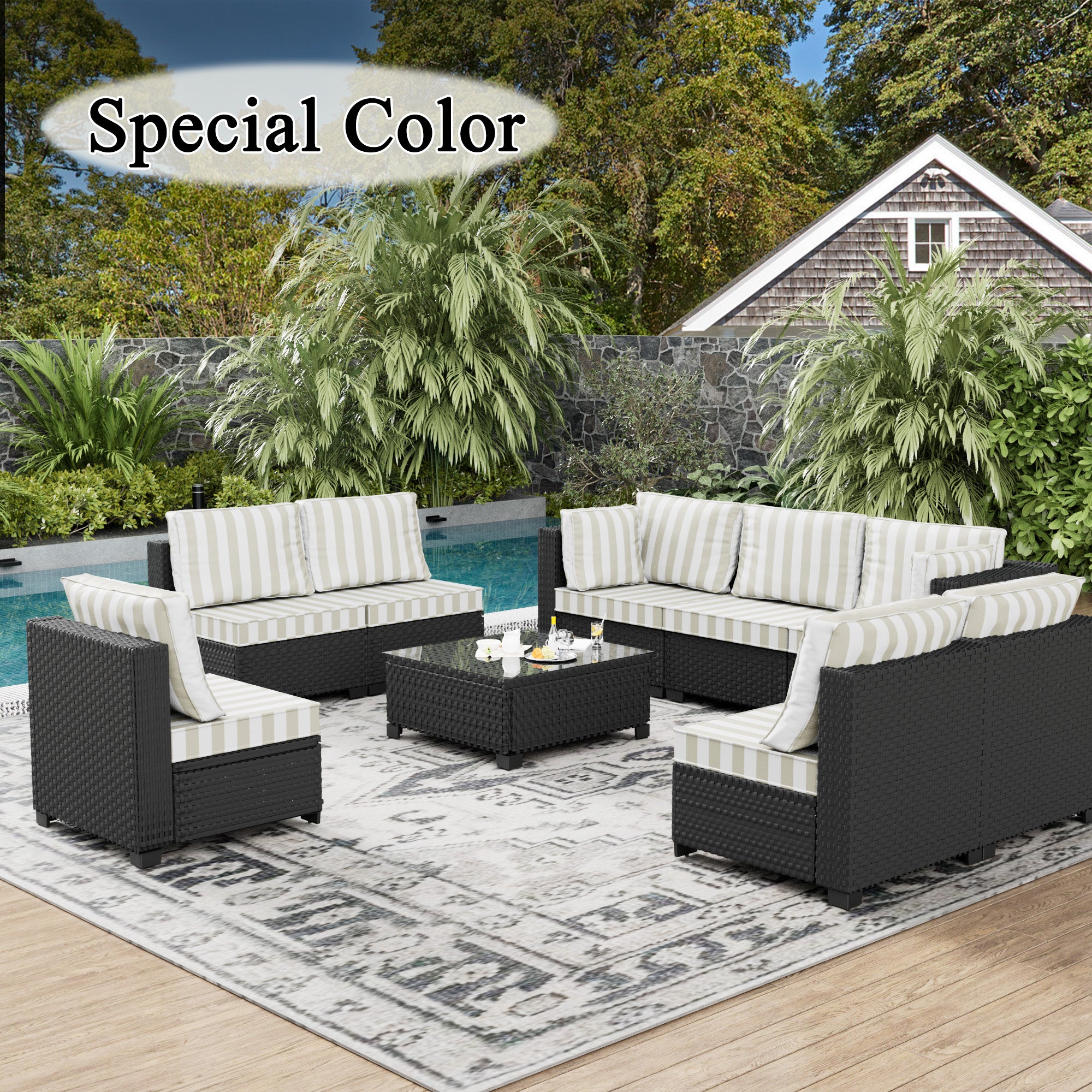 Ark Design 9-Piece Rattan Wicker Outdoor Patio Conversation SofaSeating Set with Coffee Table, Stripe Brown Cushions with Sofa Protection Cover Option