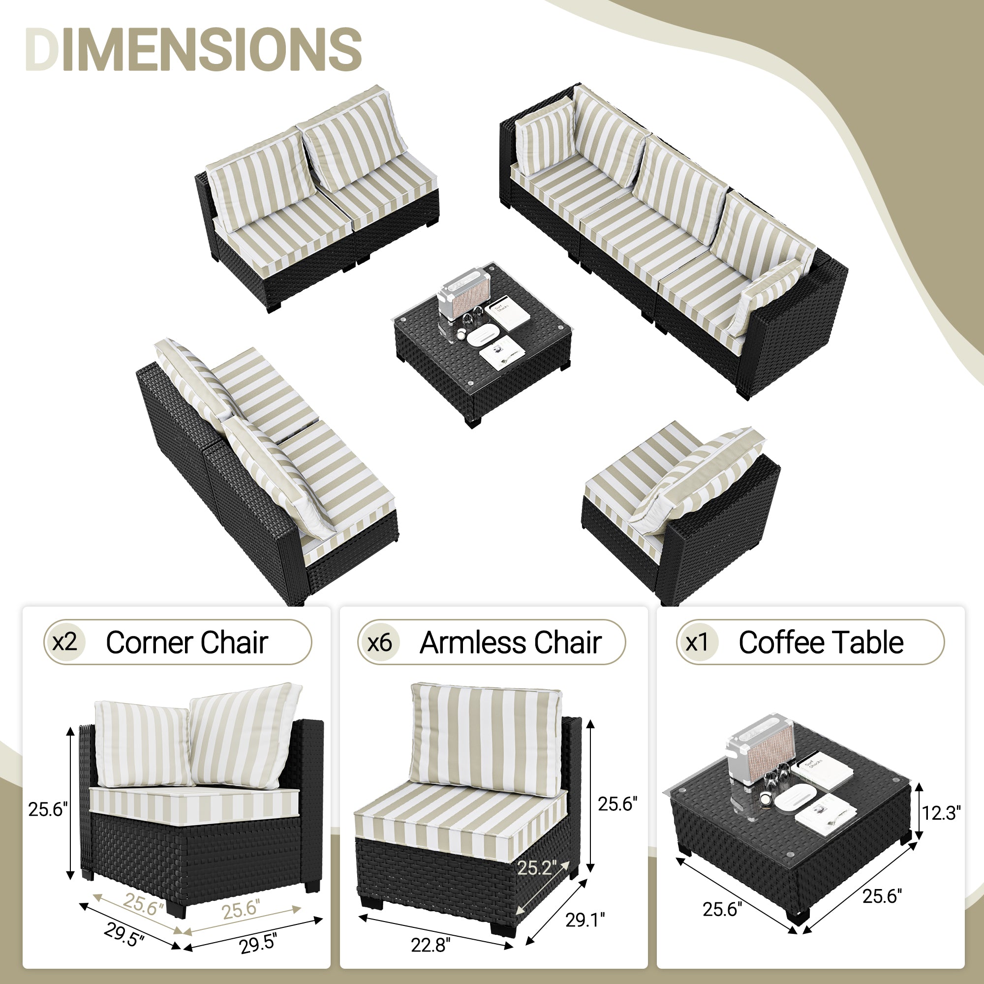 Ark Design 9-Piece Rattan Wicker Outdoor Patio Conversation SofaSeating Set with Coffee Table, Stripe Brown Cushions with Sofa Protection Cover Option