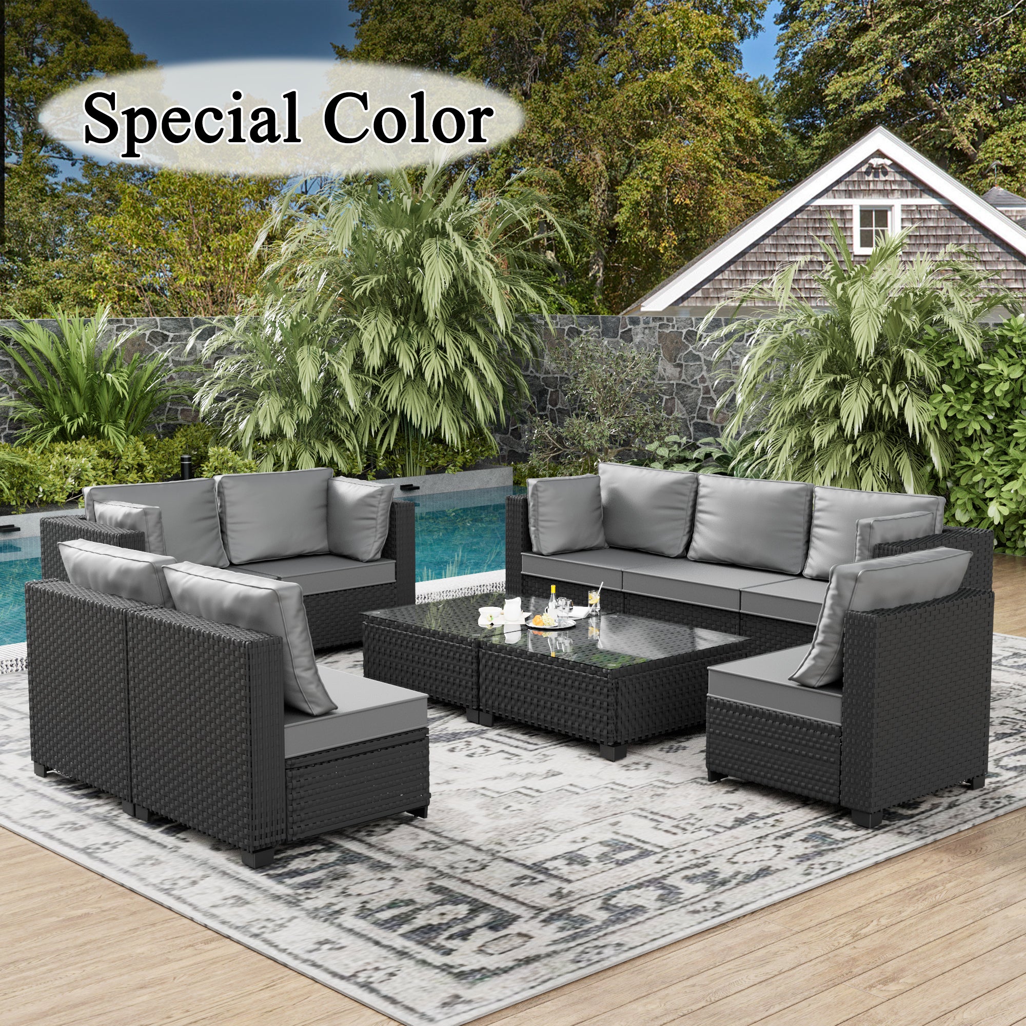 Ark Design 10-Piece Rattan Wicker Outdoor Patio Conversation SofaSeating Set with Coffee Table, Gray Cushions with Sofa Protection Cover Option