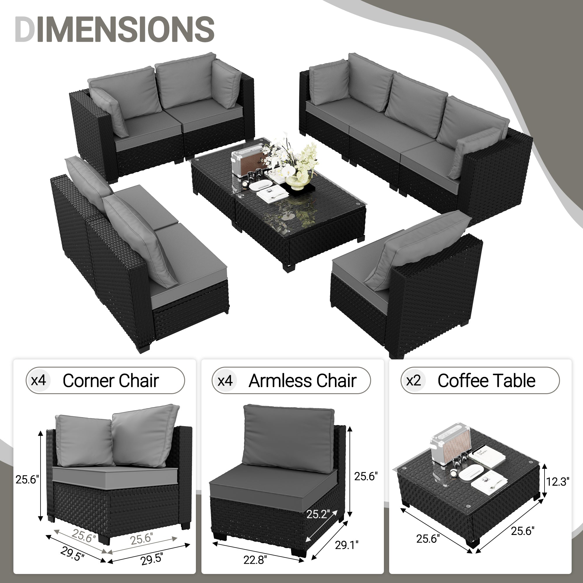 Ark Design 10-Piece Rattan Wicker Outdoor Patio Conversation SofaSeating Set with Coffee Table, Gray Cushions with Sofa Protection Cover Option