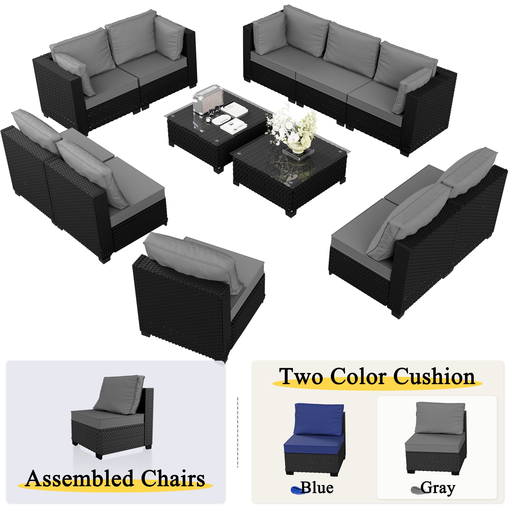 Ark Design 12-Piece Rattan Wicker Outdoor Patio Conversation SofaSeating Set with Coffee Table, Gray Cushions with Sofa Protection Cover Option