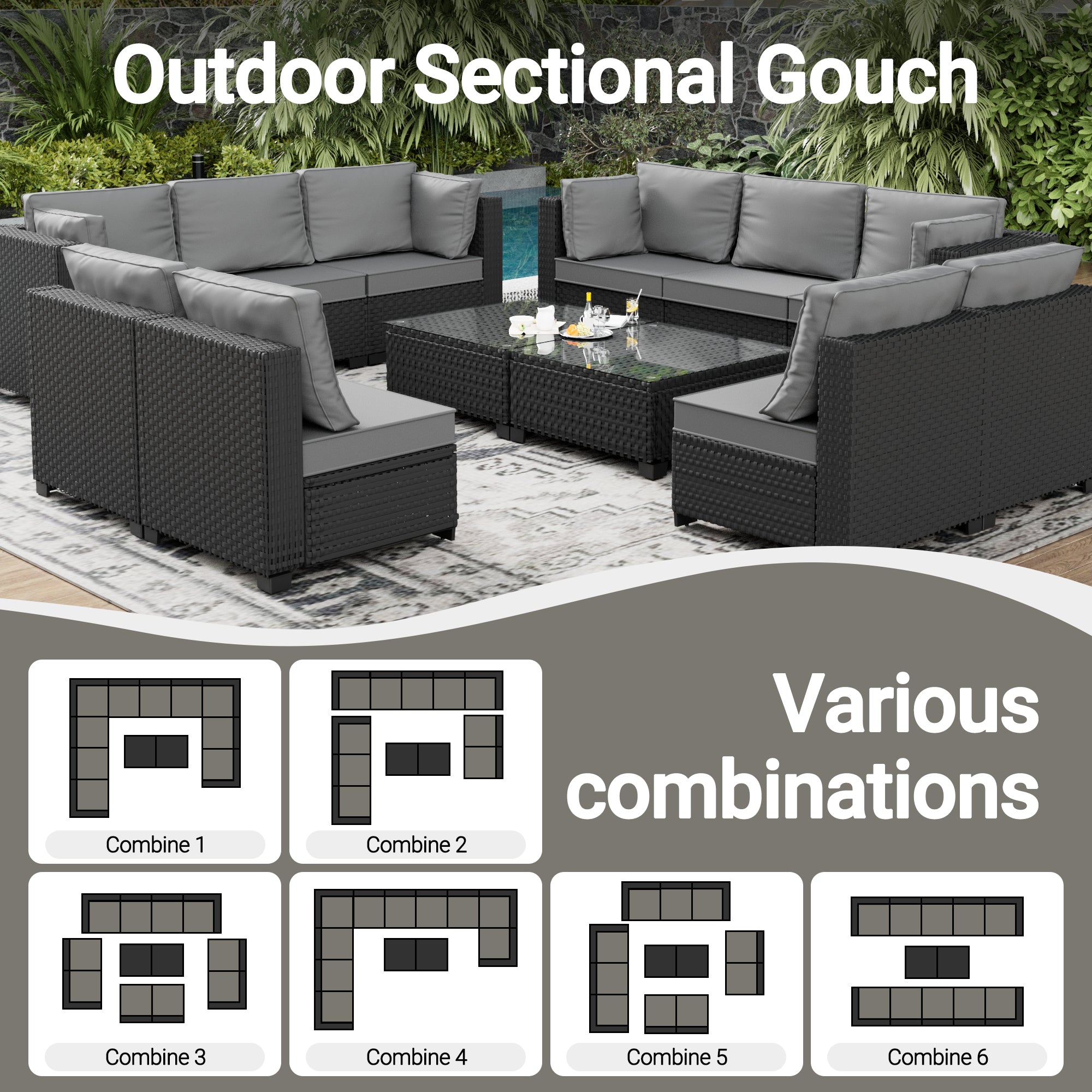 Ark Design 12-Piece Rattan Wicker Outdoor Patio Conversation SofaSeating Set with Coffee Table, Gray Cushions with Sofa Protection Cover Option