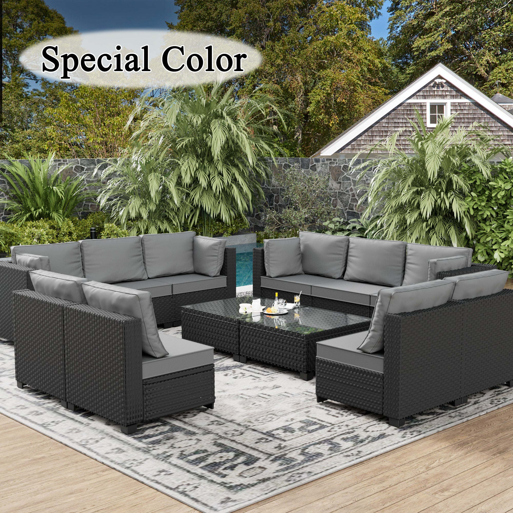 Ark Design 12-Piece Rattan Wicker Outdoor Patio Conversation SofaSeating Set with Coffee Table, Gray Cushions with Sofa Protection Cover Option