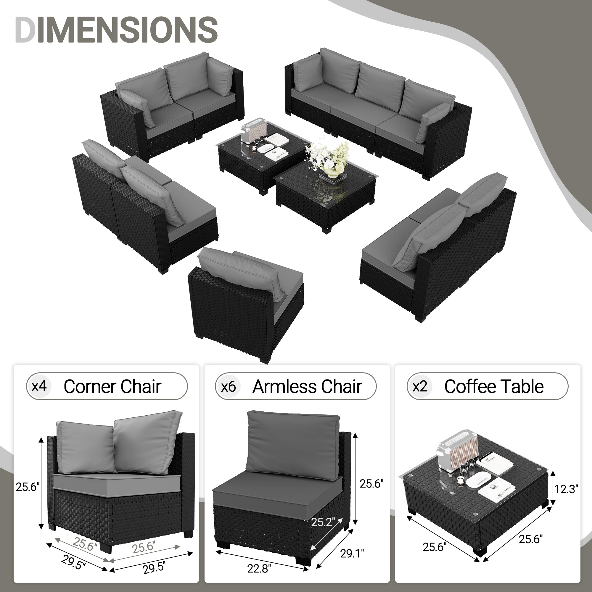 Ark Design 12-Piece Rattan Wicker Outdoor Patio Conversation SofaSeating Set with Coffee Table, Gray Cushions with Sofa Protection Cover Option
