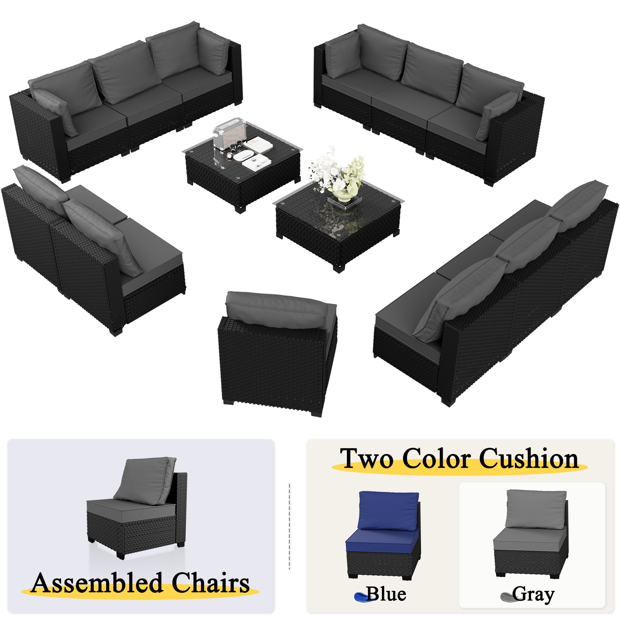 Ark Design 14-Piece Rattan Wicker Outdoor Patio Conversation SofaSeating Set with Coffee Table, Gray Cushions with Sofa Protection Cover Option