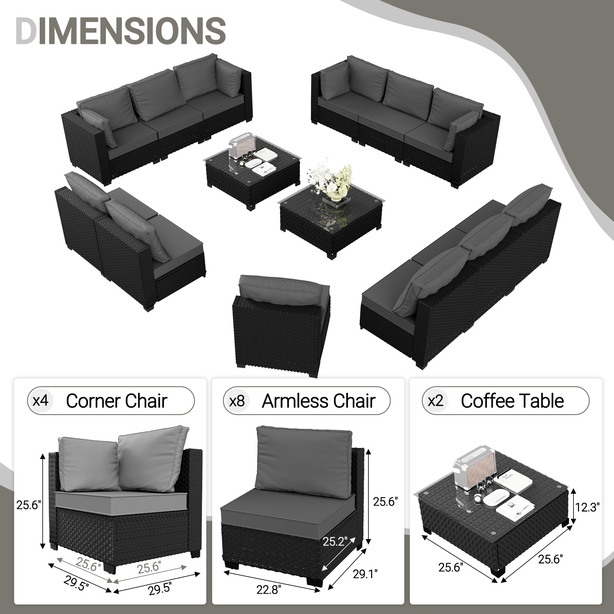 Ark Design 14-Piece Rattan Wicker Outdoor Patio Conversation SofaSeating Set with Coffee Table, Gray Cushions with Sofa Protection Cover Option