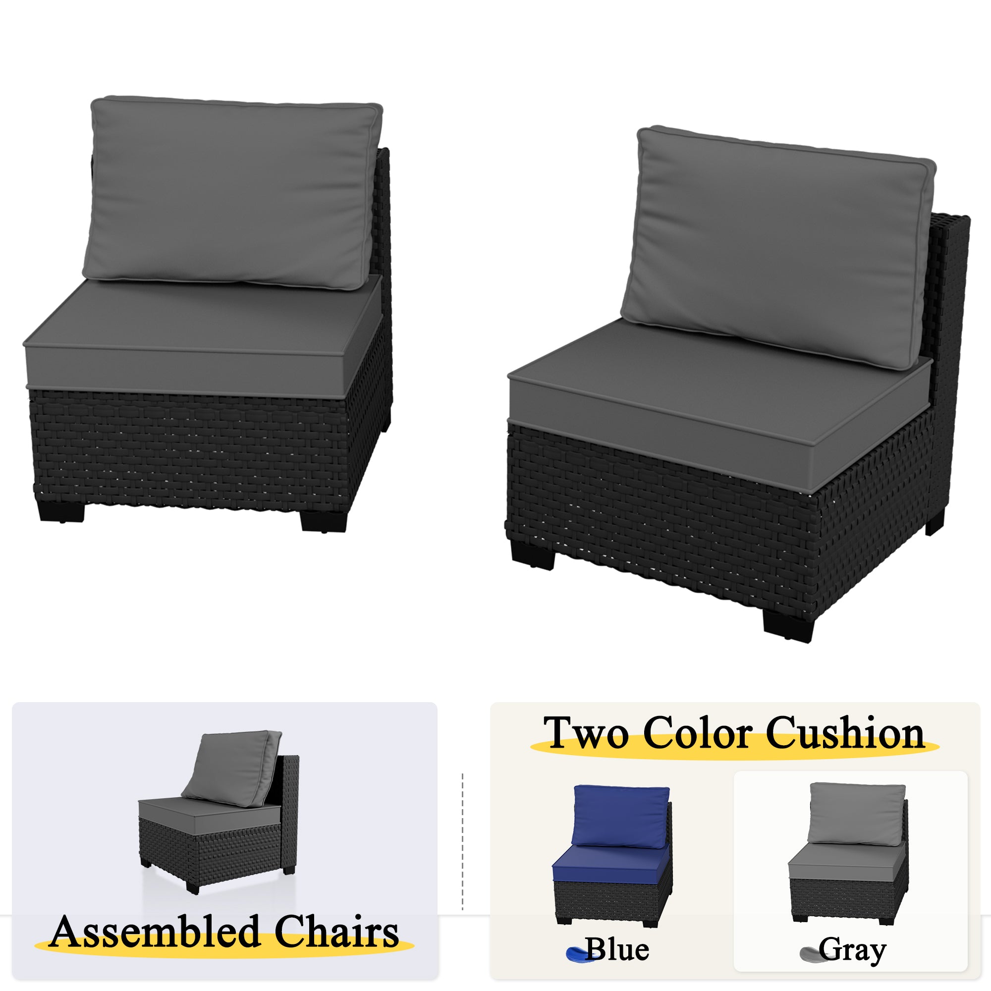 Ark Design 2-Piece Black Wicker Outdoor Patio Conversation Sectional Seating Set, Gray Cushions with Sofa Protection Cover Option