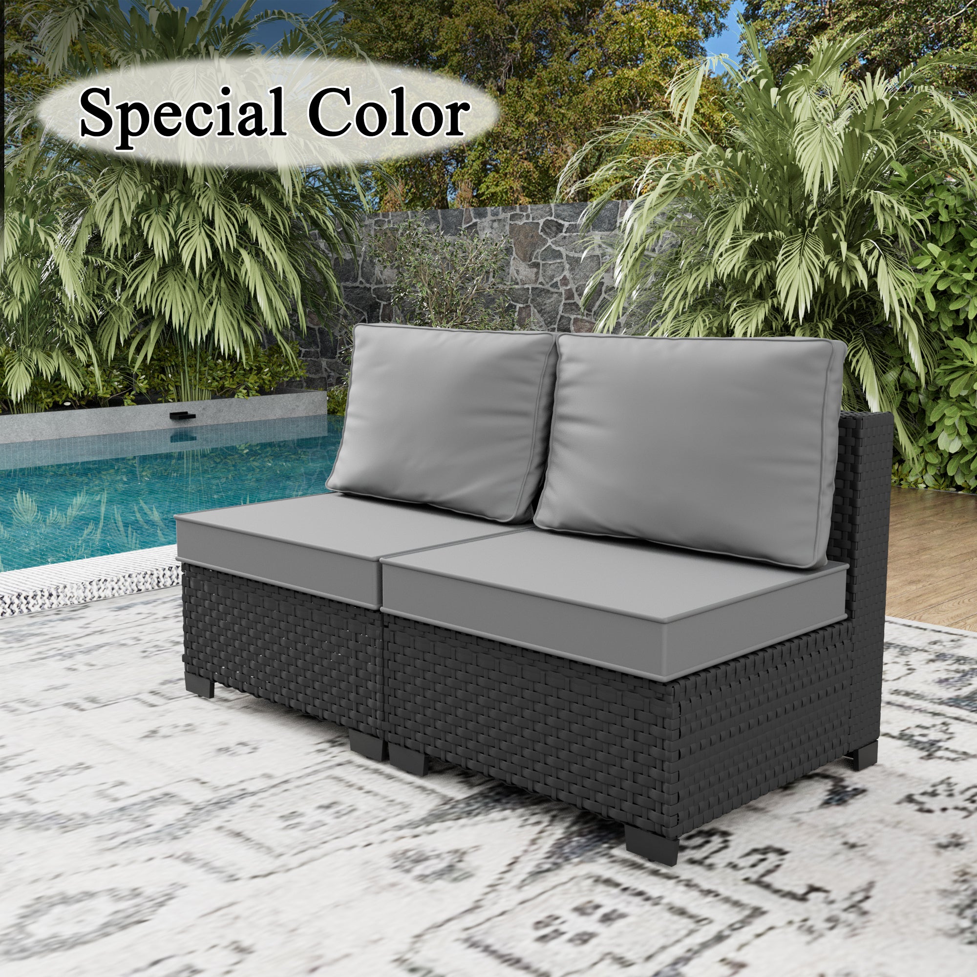 Ark Design 2-Piece Black Wicker Outdoor Patio Conversation Sectional Seating Set, Gray Cushions with Sofa Protection Cover Option