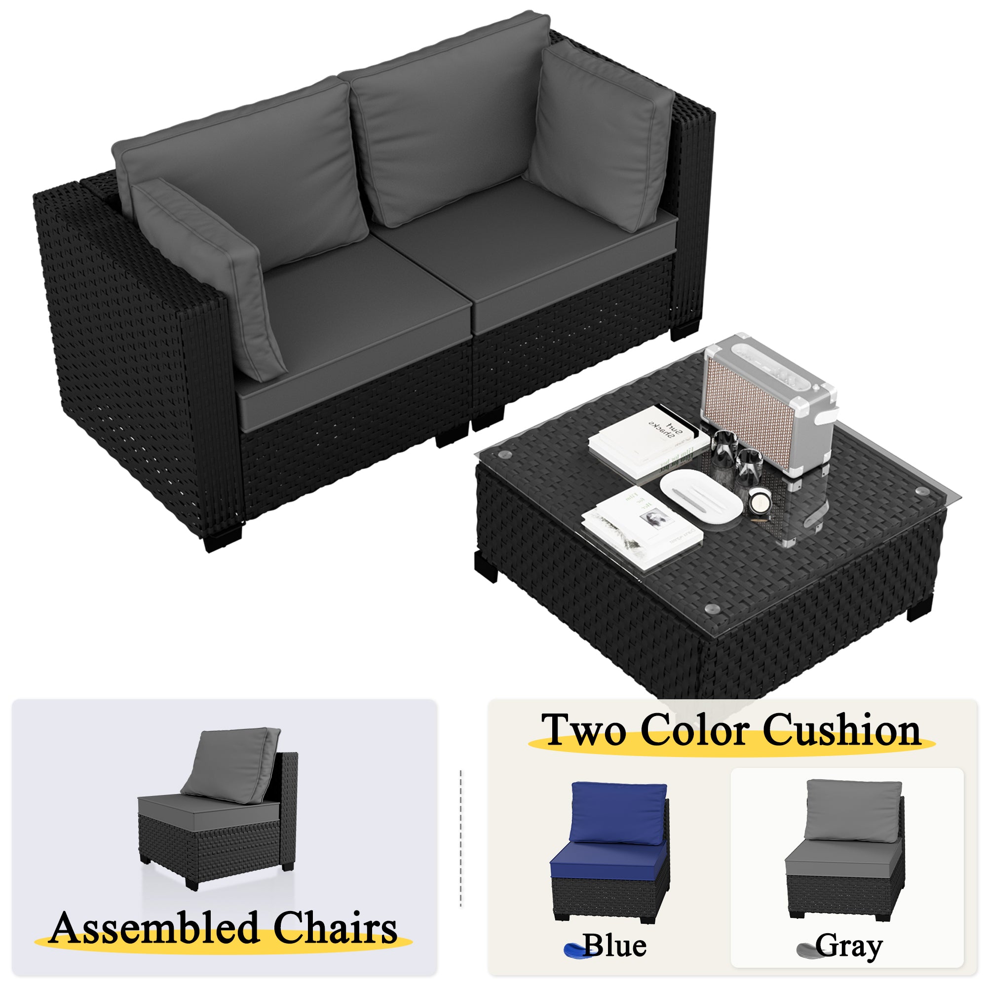 Ark Design 3-Piece Rattan Wicker Outdoor Patio Conversation SofaSeating Set with Coffee Table, Gray Cushions with Sofa Protection Cover Option