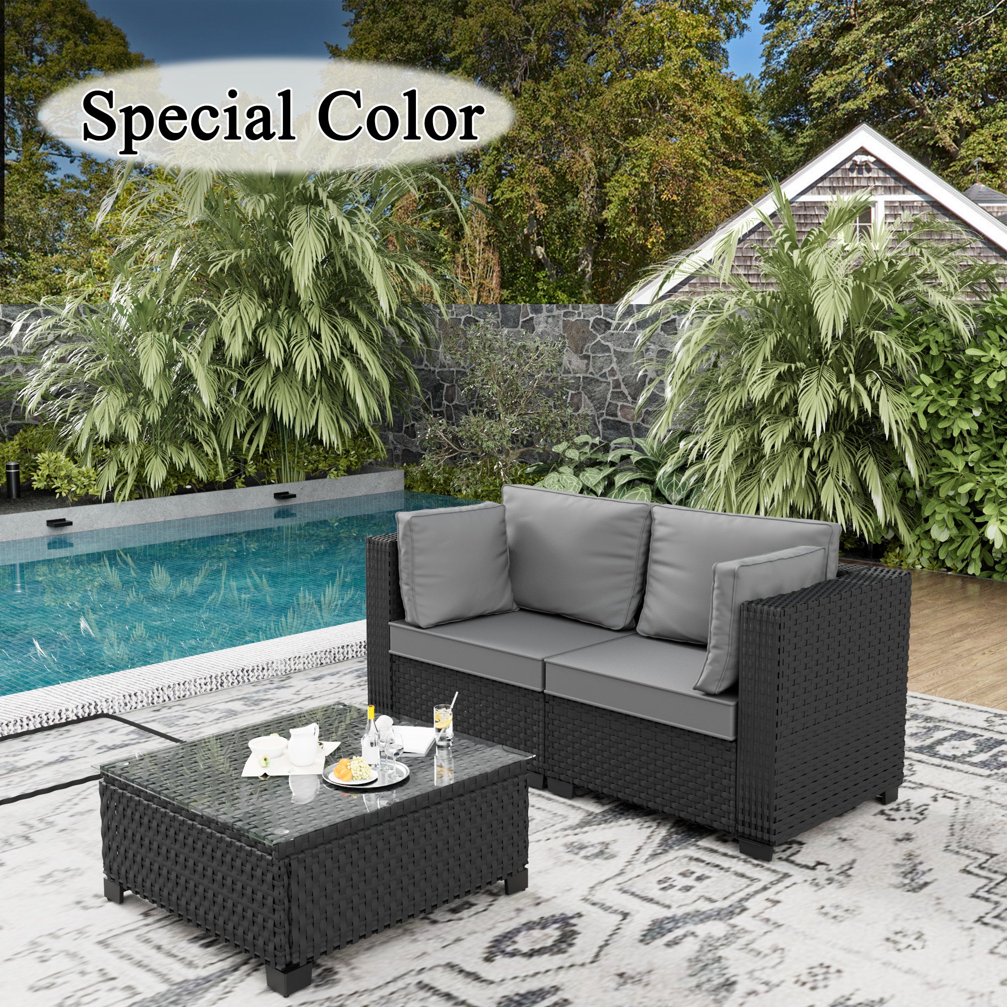 Ark Design 3-Piece Rattan Wicker Outdoor Patio Conversation SofaSeating Set with Coffee Table, Gray Cushions with Sofa Protection Cover Option