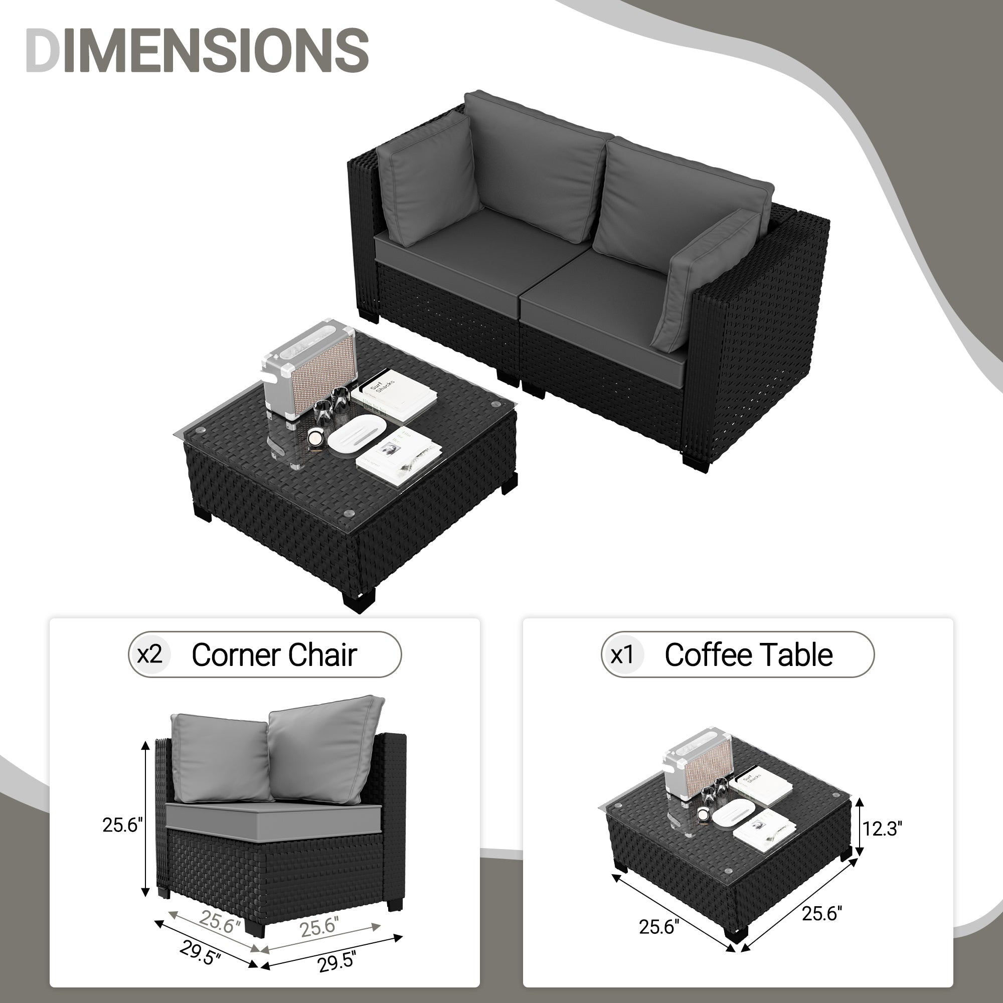 Ark Design 3-Piece Rattan Wicker Outdoor Patio Conversation SofaSeating Set with Coffee Table, Gray Cushions with Sofa Protection Cover Option