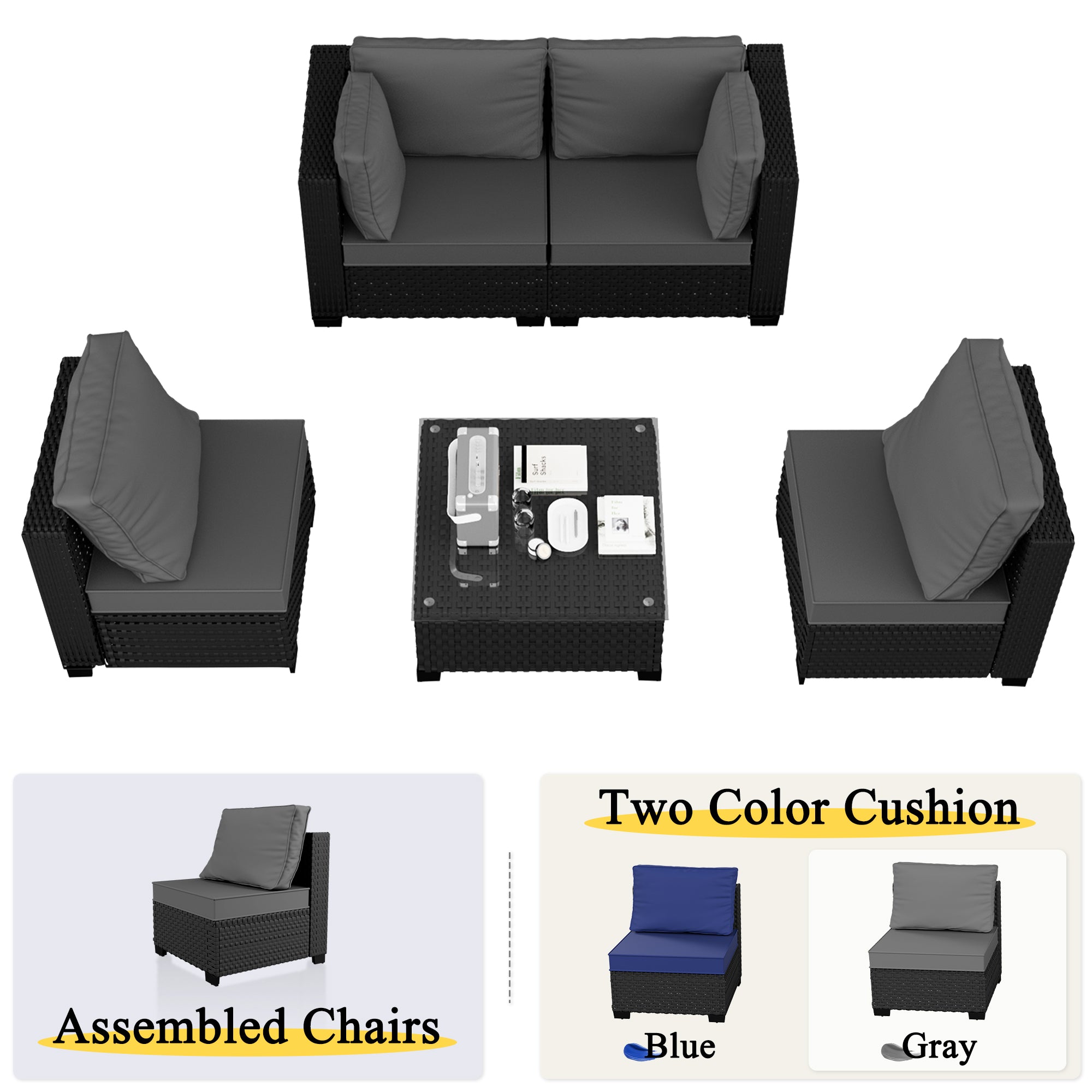 Ark Design 5-Piece Rattan Wicker Outdoor Patio Conversation SofaSeating Set with Coffee Table, Gray Cushions with Sofa Protection Cover Option