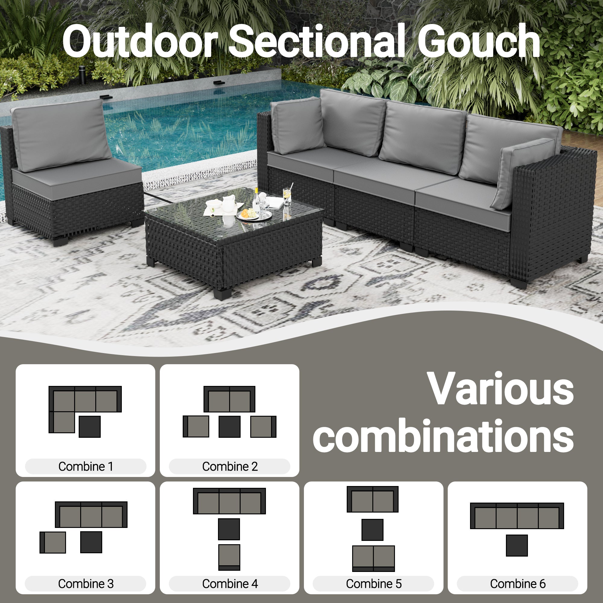Ark Design 5-Piece Rattan Wicker Outdoor Patio Conversation SofaSeating Set with Coffee Table, Gray Cushions with Sofa Protection Cover Option