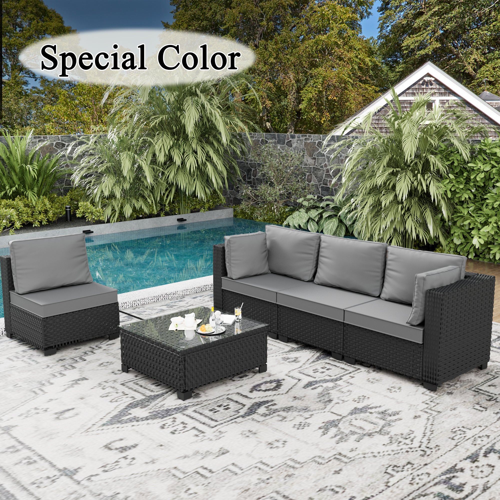 Ark Design 5-Piece Rattan Wicker Outdoor Patio Conversation SofaSeating Set with Coffee Table, Gray Cushions with Sofa Protection Cover Option