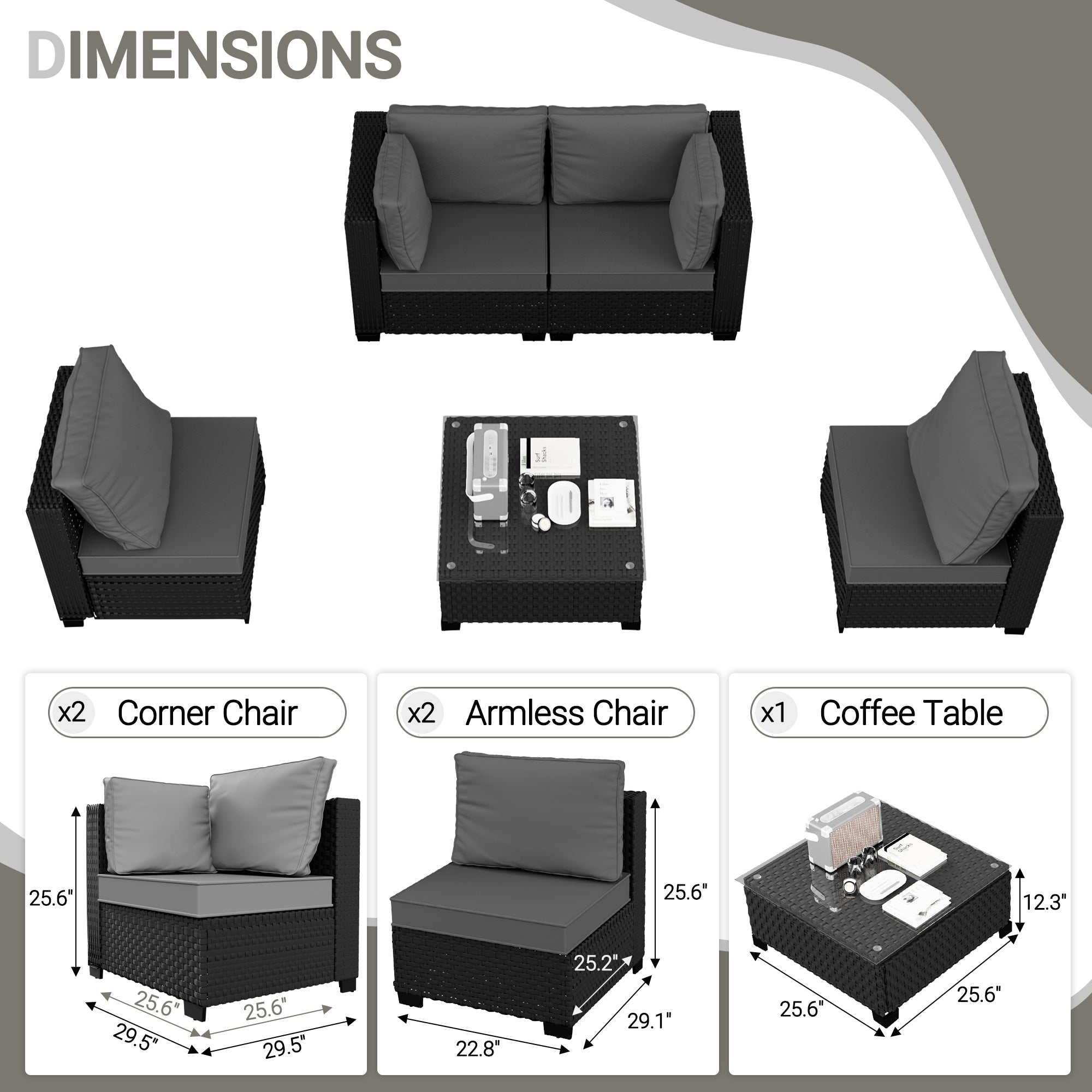 Ark Design 5-Piece Rattan Wicker Outdoor Patio Conversation SofaSeating Set with Coffee Table, Gray Cushions with Sofa Protection Cover Option