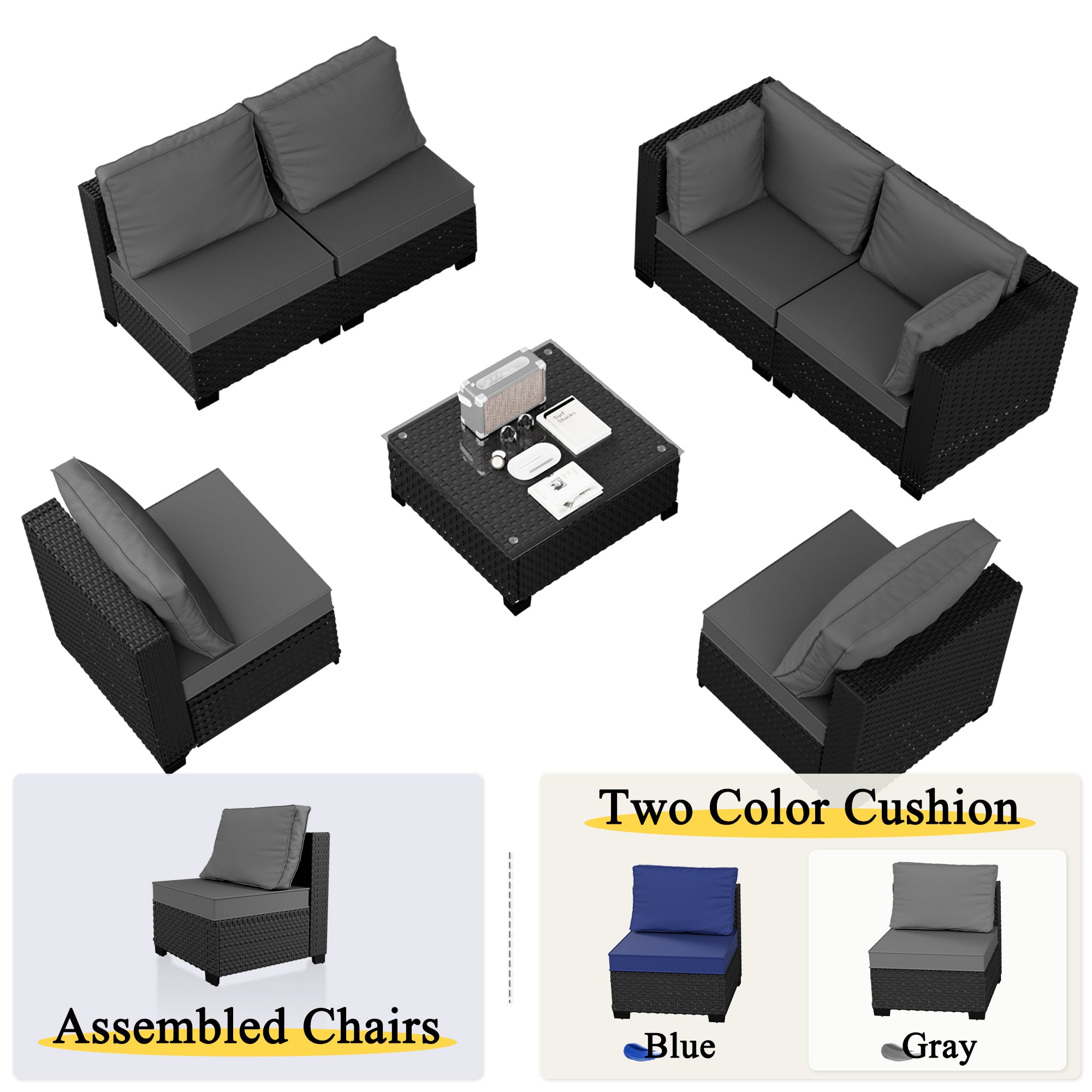 Ark Design 7-Piece Rattan Wicker Outdoor Patio Conversation SofaSeating Set with Coffee Table, Gray Cushions with Sofa Protection Cover Option