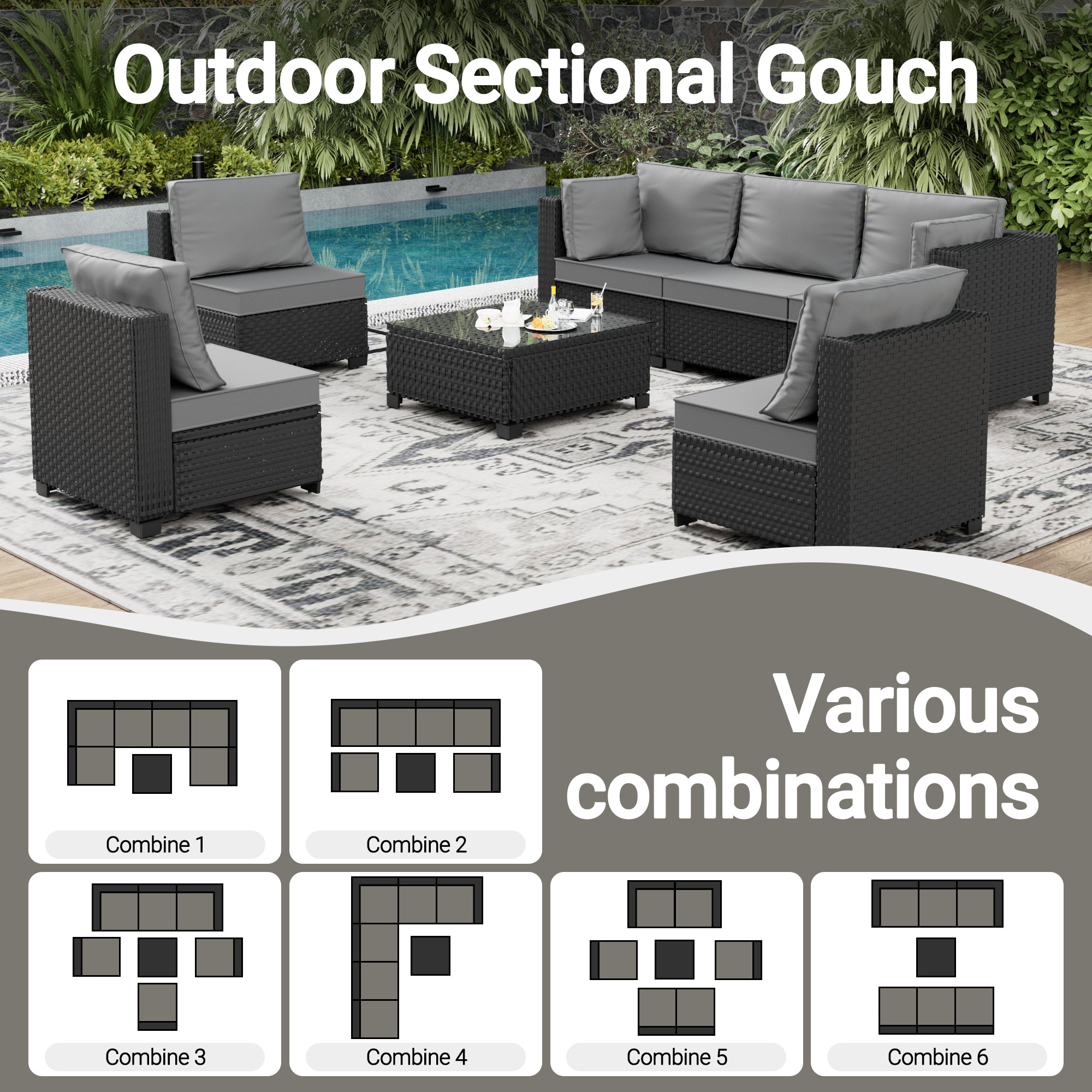 Ark Design 7-Piece Rattan Wicker Outdoor Patio Conversation SofaSeating Set with Coffee Table, Gray Cushions with Sofa Protection Cover Option
