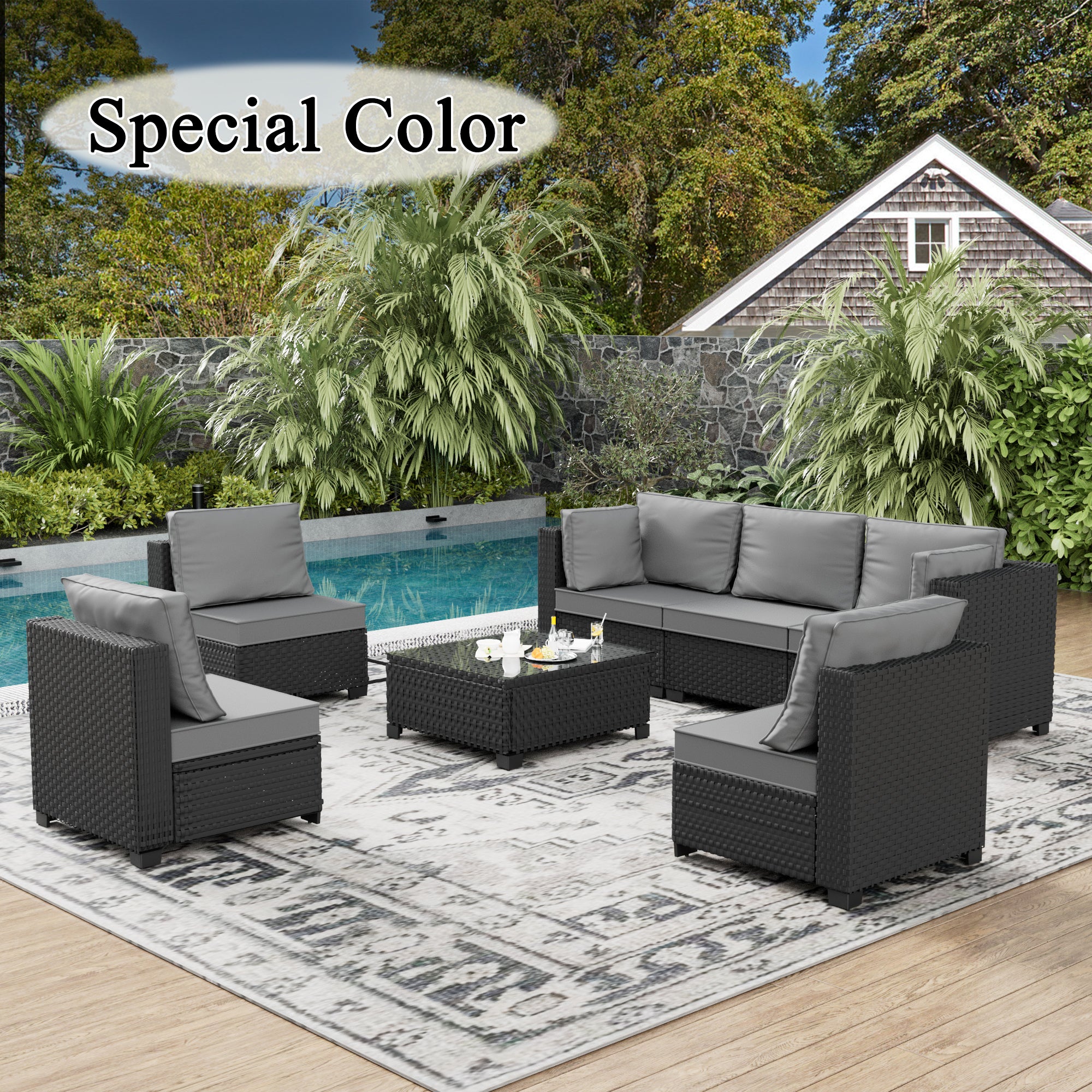 Ark Design 7-Piece Rattan Wicker Outdoor Patio Conversation SofaSeating Set with Coffee Table, Gray Cushions with Sofa Protection Cover Option