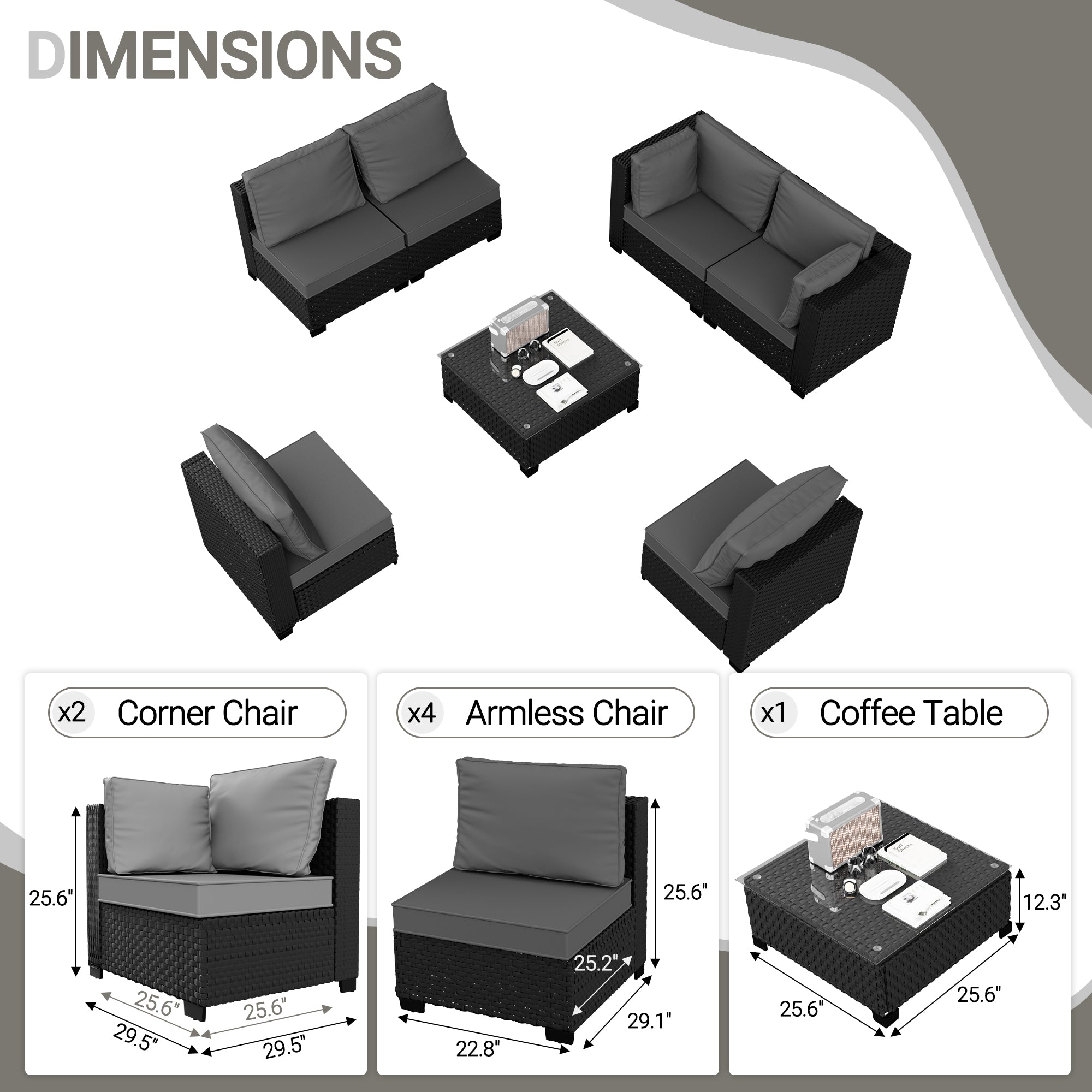 Ark Design 7-Piece Rattan Wicker Outdoor Patio Conversation SofaSeating Set with Coffee Table, Gray Cushions with Sofa Protection Cover Option