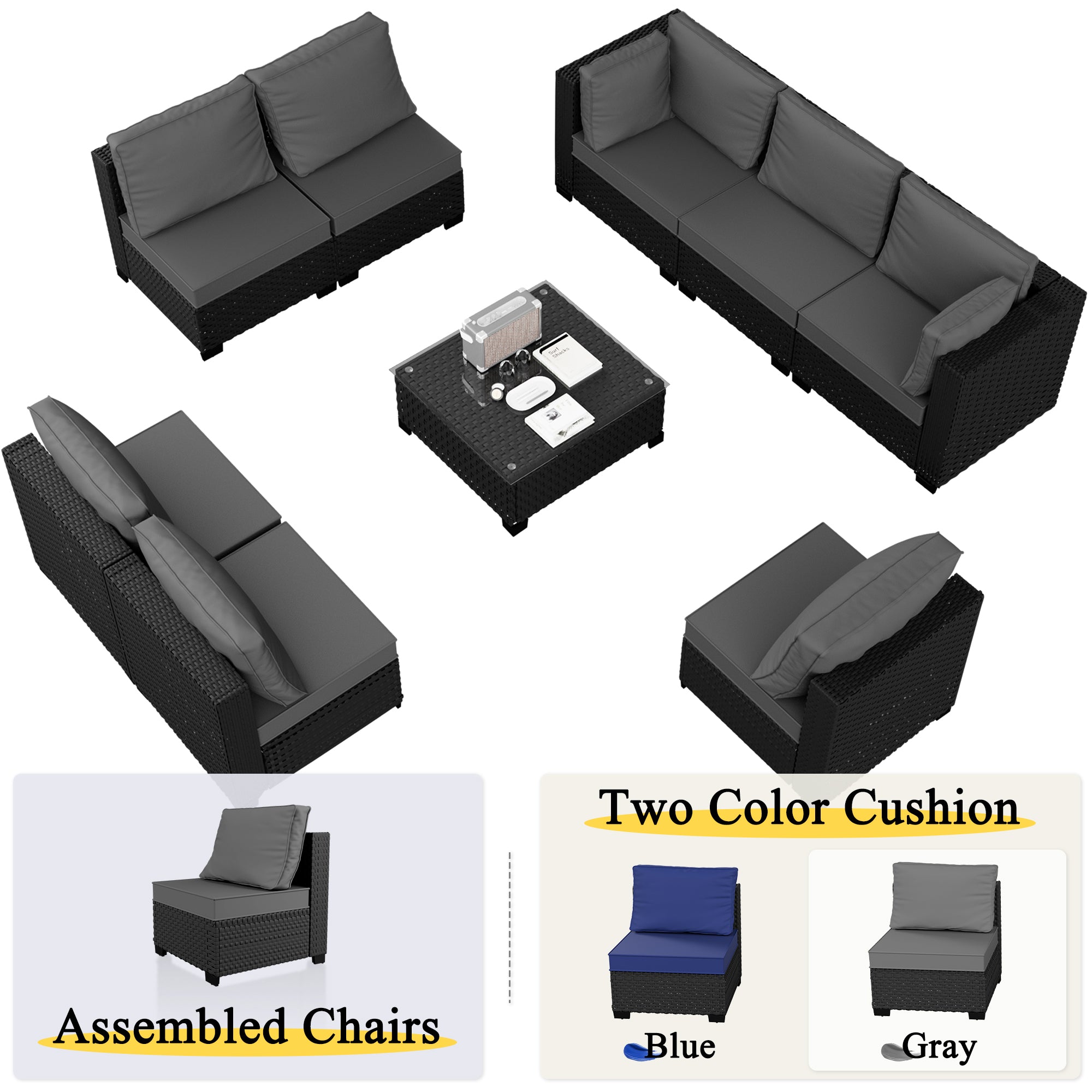 Ark Design 9-Piece Rattan Wicker Outdoor Patio Conversation SofaSeating Set with Coffee Table, Gray Cushions with Sofa Protection Cover Option