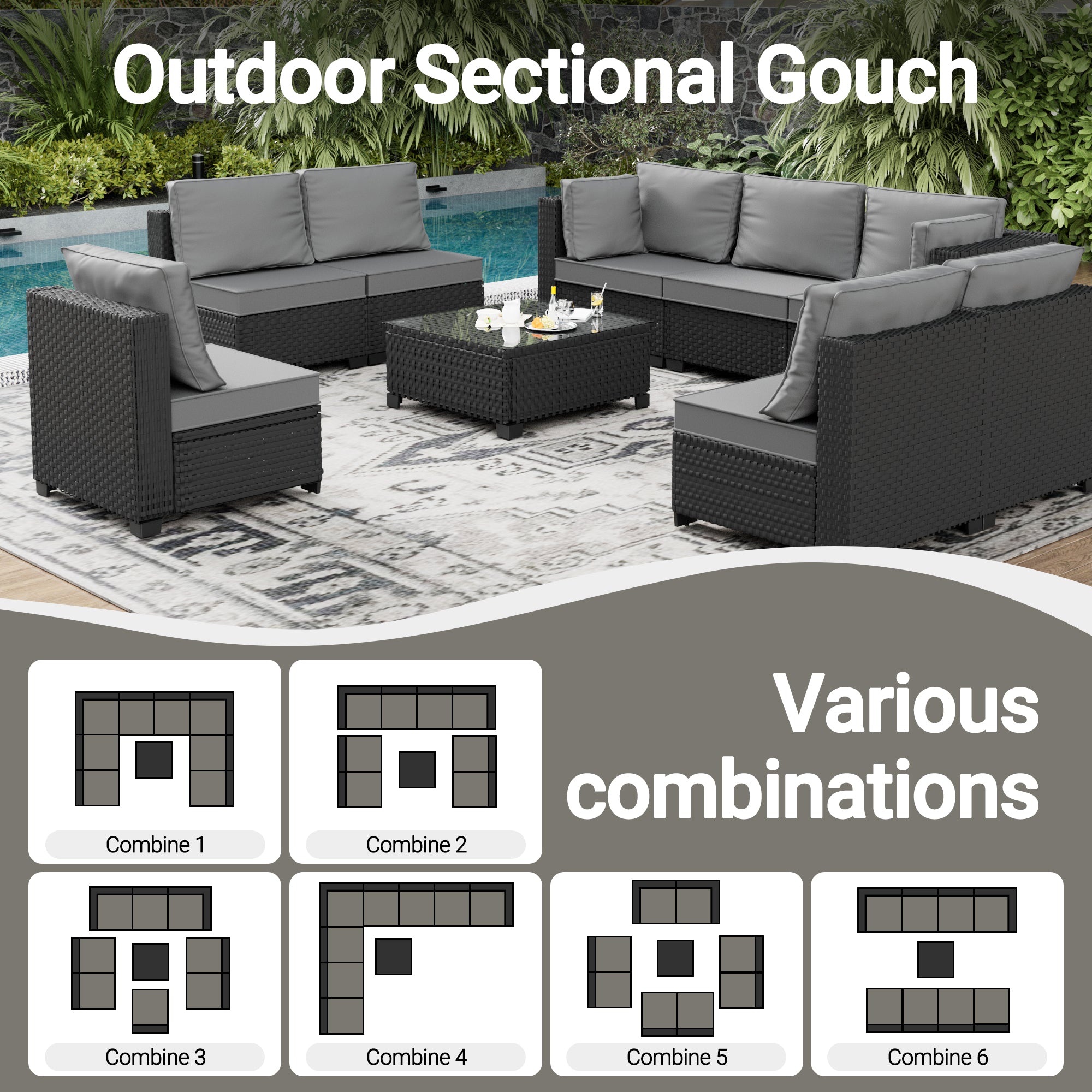 Ark Design 9-Piece Rattan Wicker Outdoor Patio Conversation SofaSeating Set with Coffee Table, Gray Cushions with Sofa Protection Cover Option