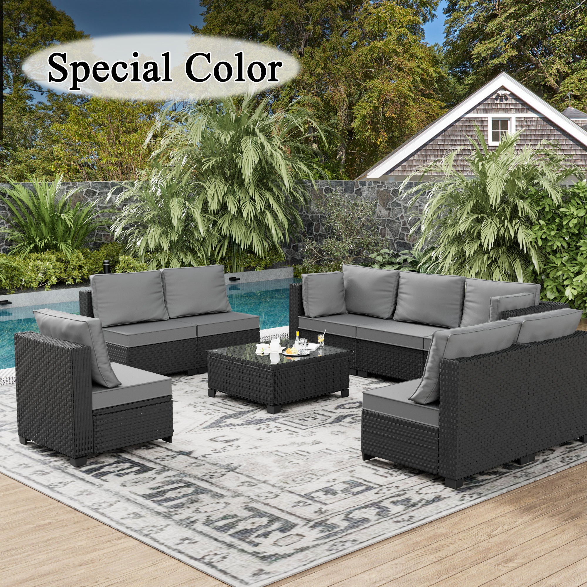 Ark Design 9-Piece Rattan Wicker Outdoor Patio Conversation SofaSeating Set with Coffee Table, Gray Cushions with Sofa Protection Cover Option