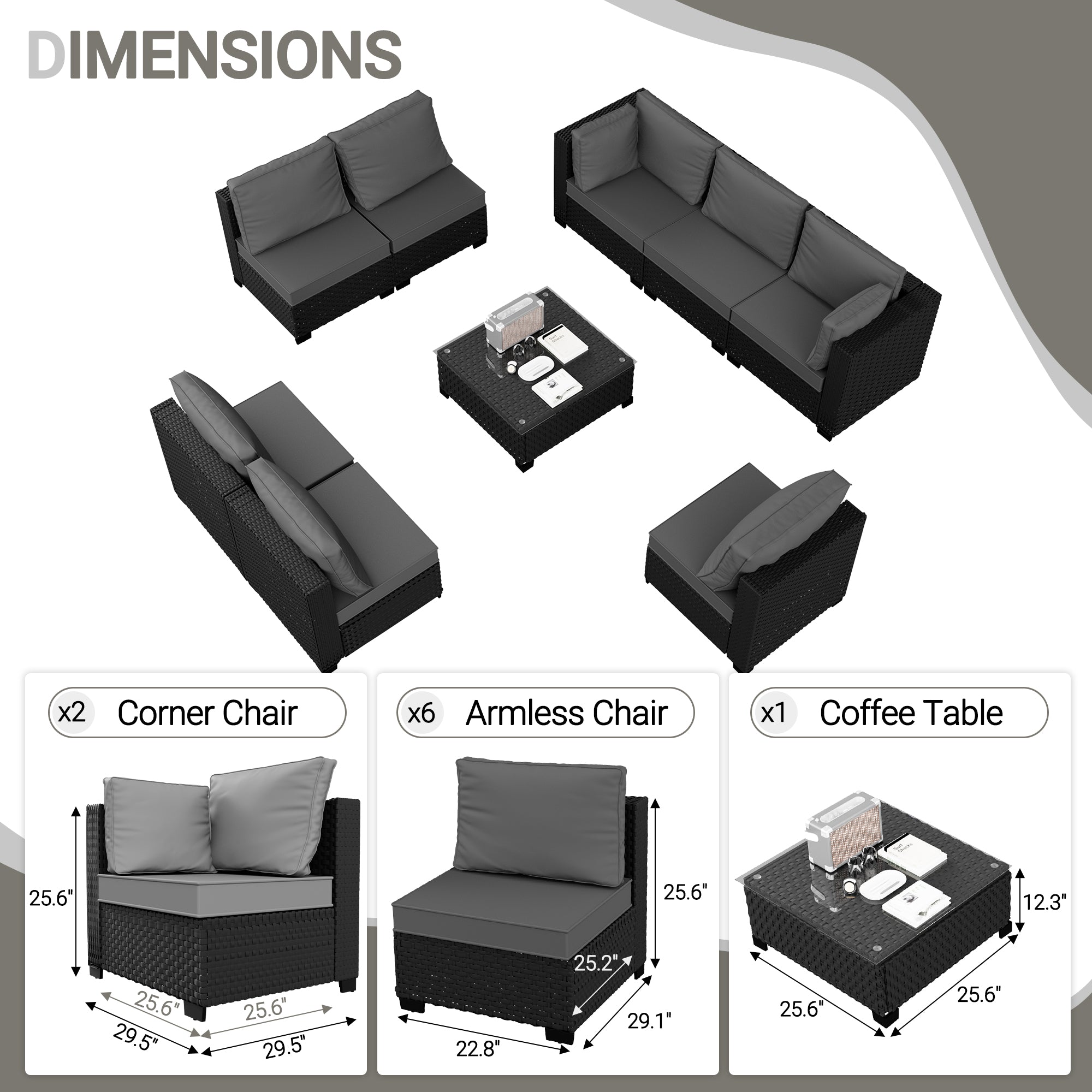 Ark Design 9-Piece Rattan Wicker Outdoor Patio Conversation SofaSeating Set with Coffee Table, Gray Cushions with Sofa Protection Cover Option