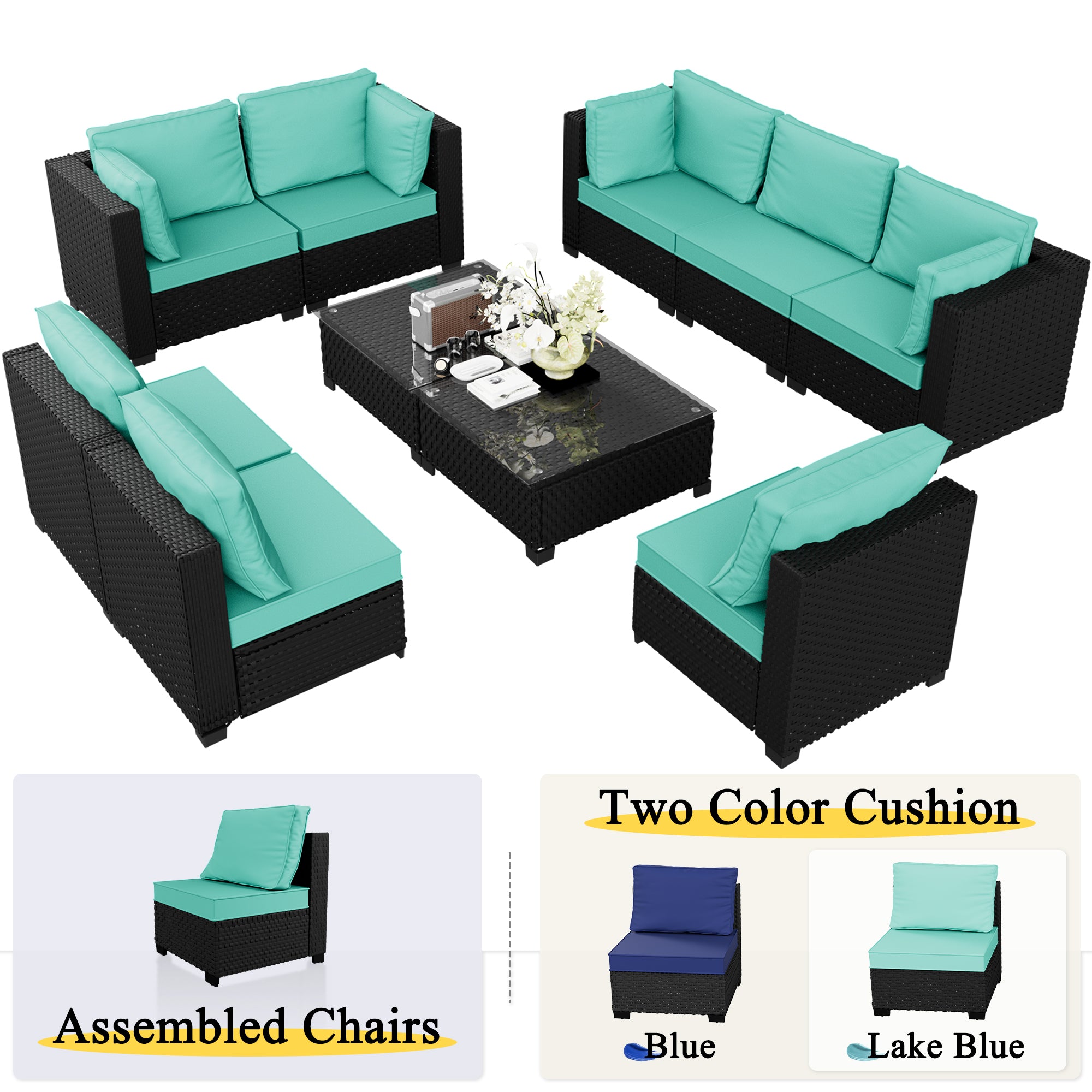 Ark Design 10-Piece Rattan Wicker Outdoor Patio Conversation SofaSeating Set with Coffee Table, Green Cushions with Sofa Protection Cover Option