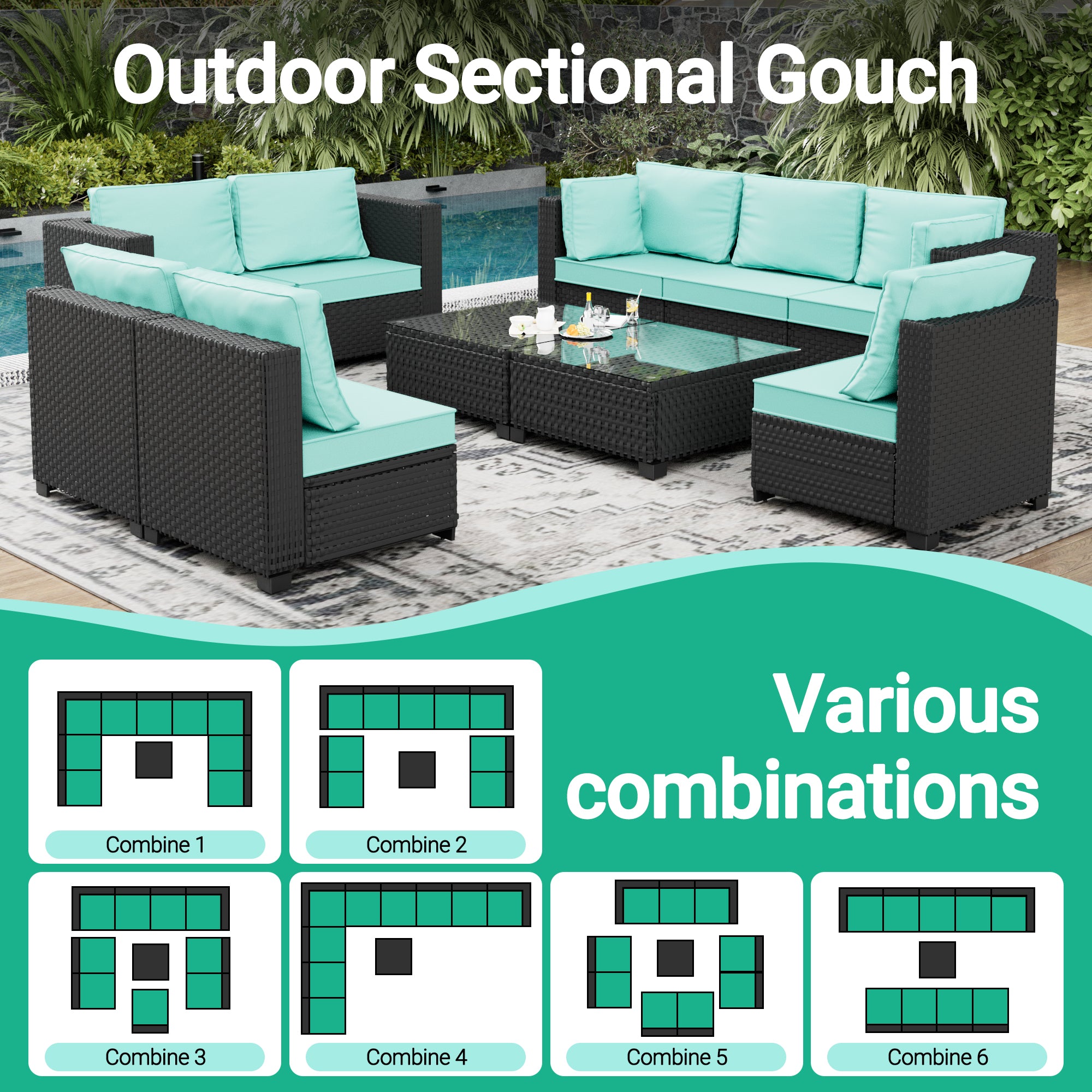 Ark Design 10-Piece Rattan Wicker Outdoor Patio Conversation SofaSeating Set with Coffee Table, Green Cushions with Sofa Protection Cover Option